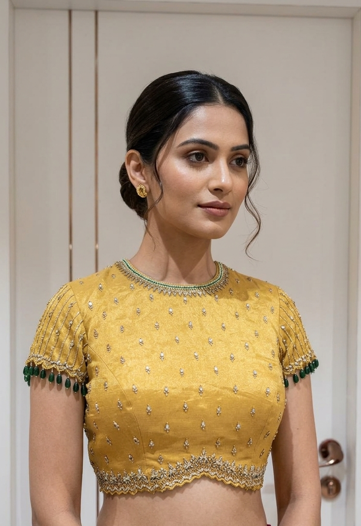 Gold tissue Blouse with kundan work for wedding and festive wear