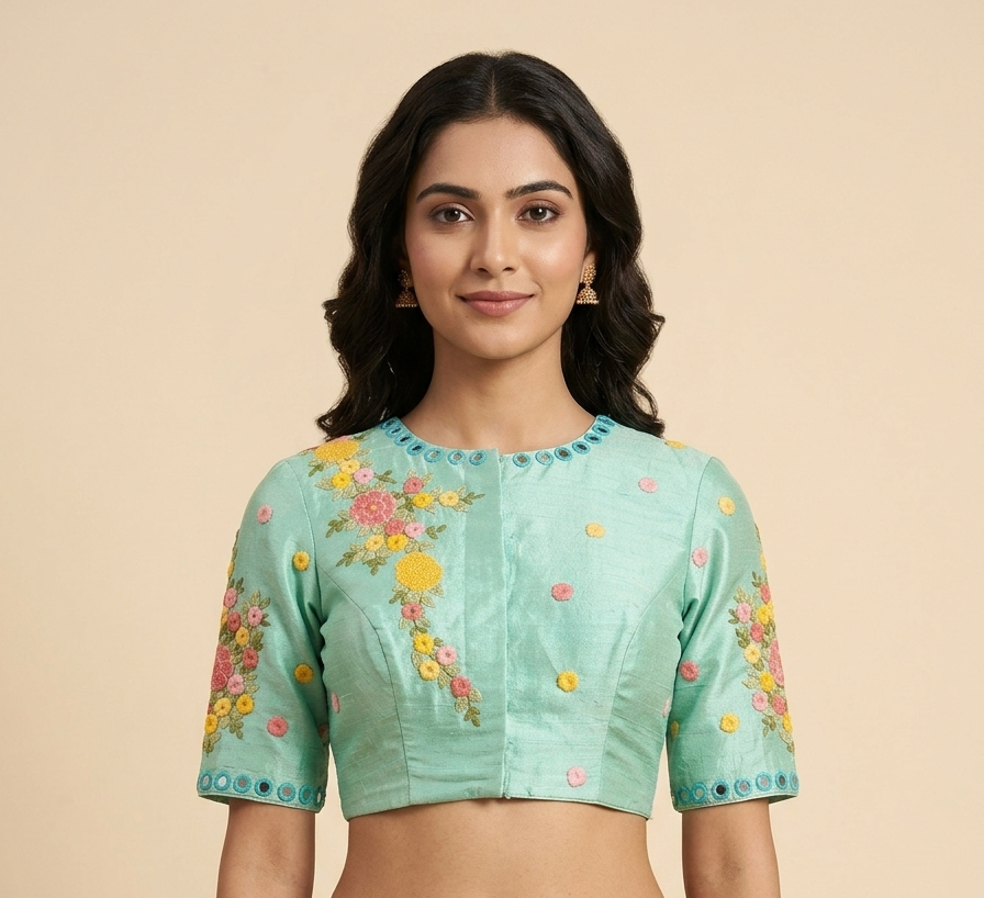 Pista Green Raw silk blouse with French knot Hand Embroidery