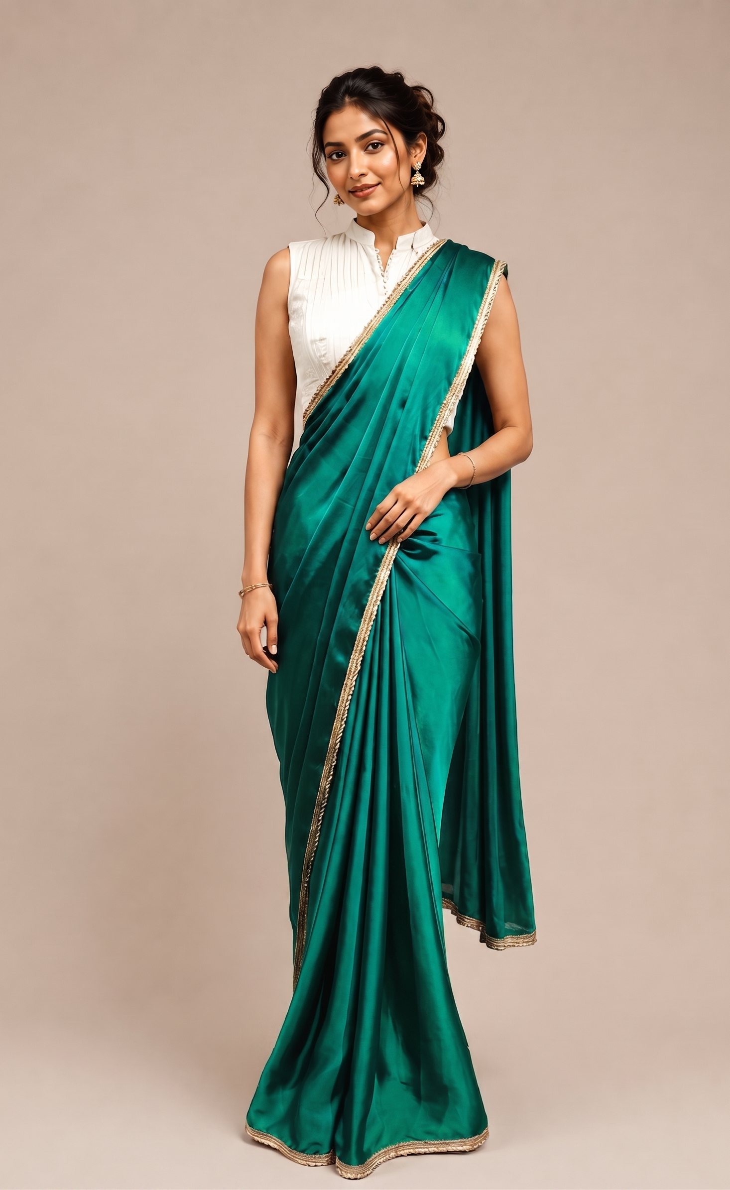 Modal Satin Saree with contrast blouse with side sherring