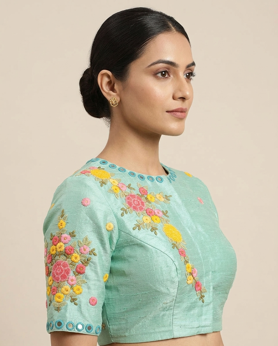 Pista Green Raw silk blouse with French knot Hand Embroidery