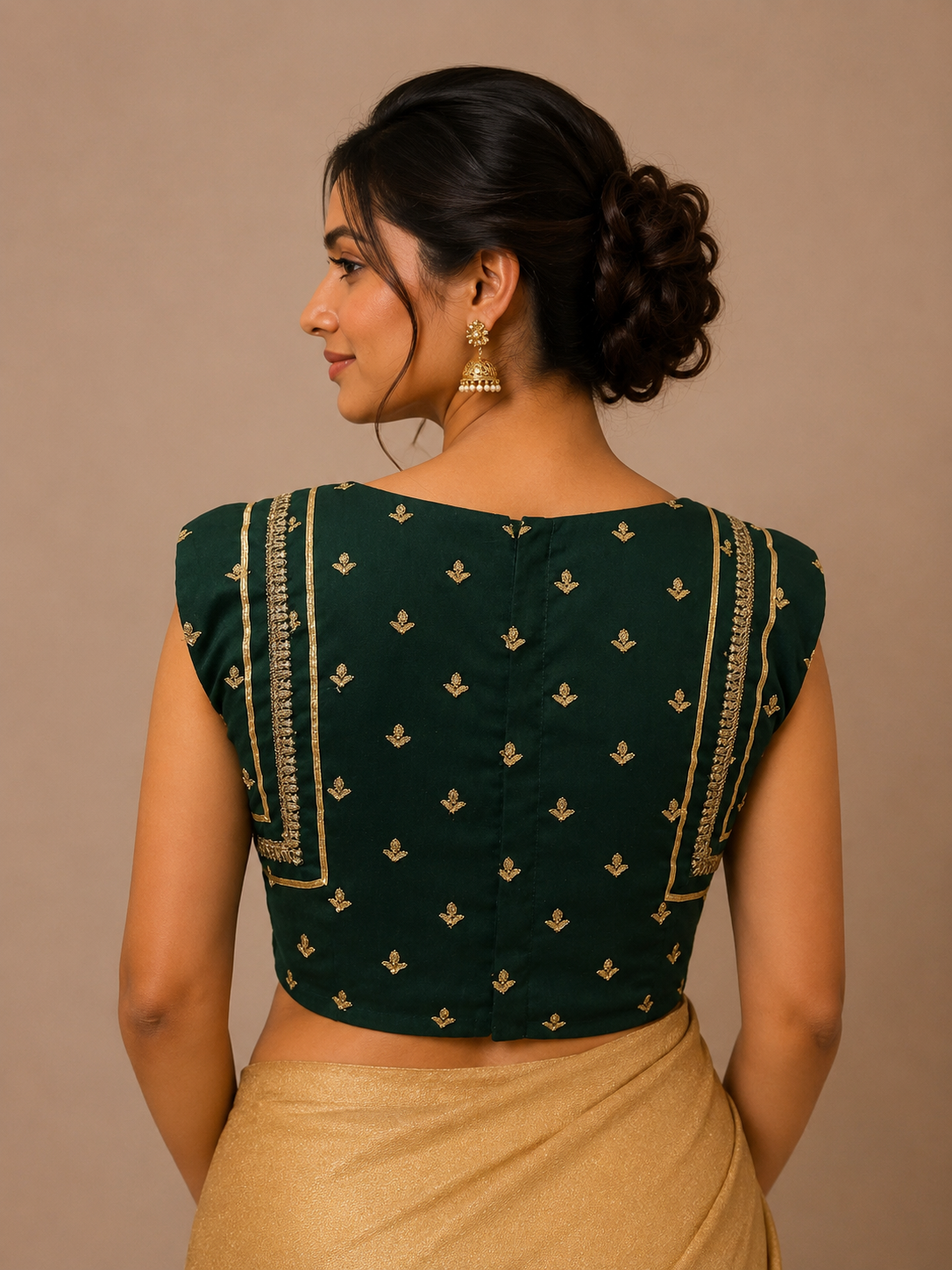 Bottle Green Brocade Sleeveless Blouse with Zari Buttas with side sherring