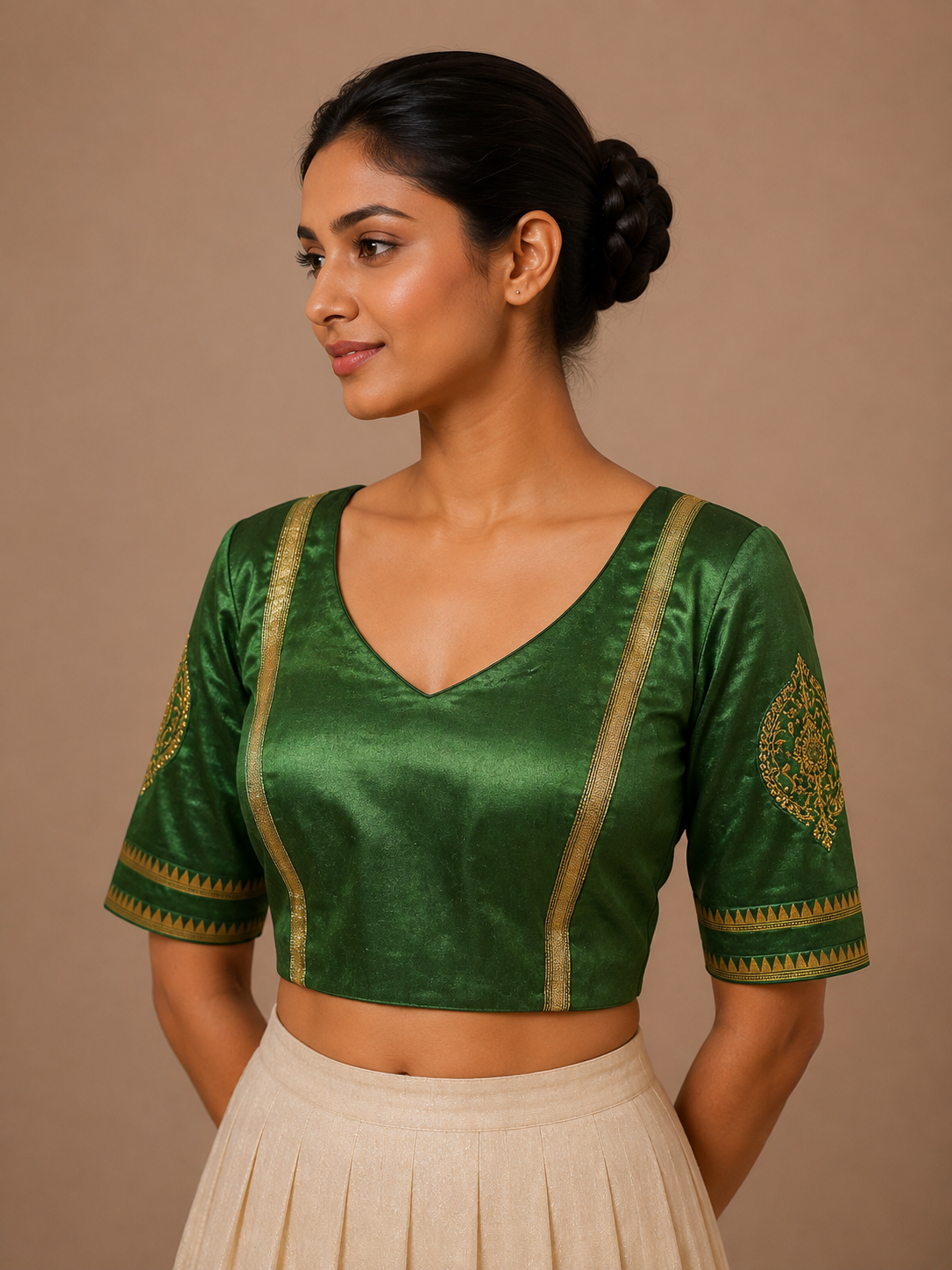Green Mashru silk Blouse With Borders For Festive and wedding wear