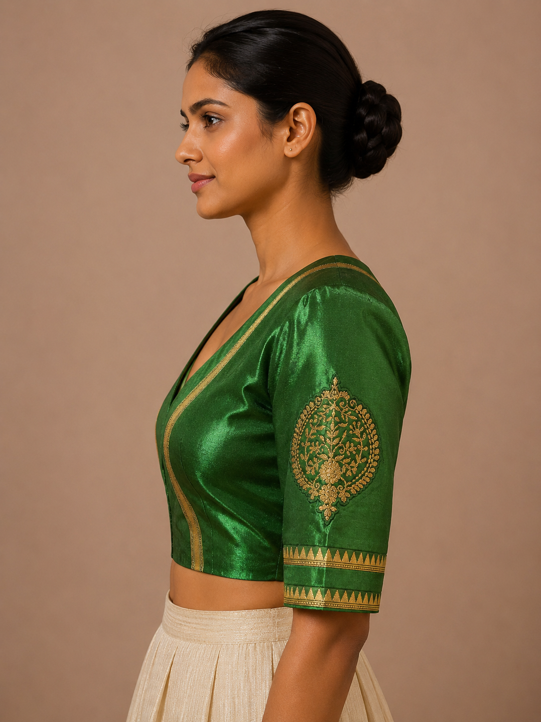 Green Mashru silk Blouse With Borders For Festive and wedding wear