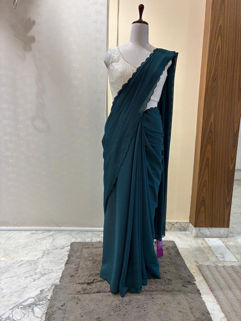 Dark Green Shimmer Georgette Saree with Scalloing