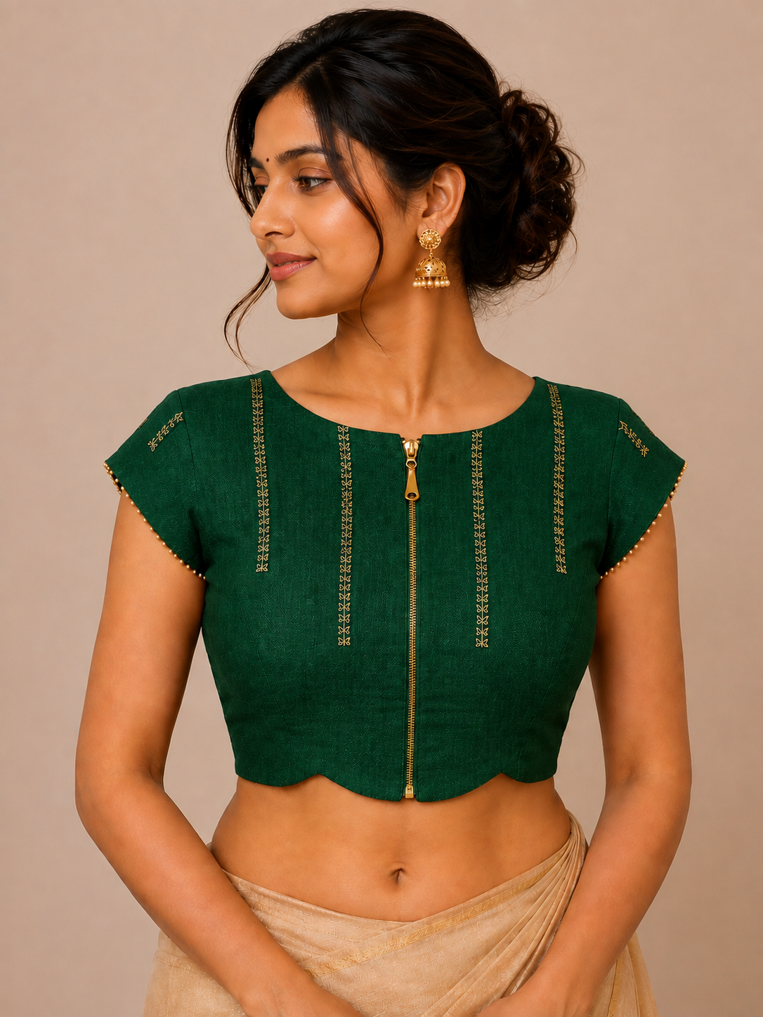 Bangalore Silk Blouse with Embroidered Leaf Motifs with side sherring
