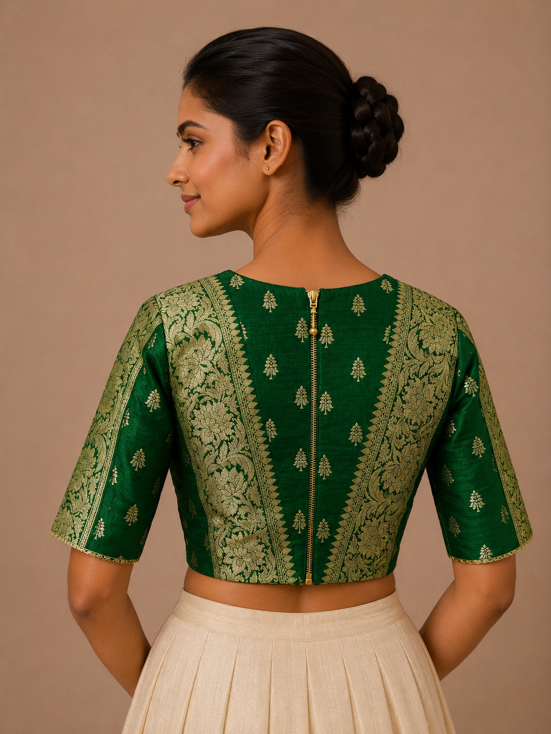 Green Rawsilk brocade Blouse With Borders For Festive and wedding wear