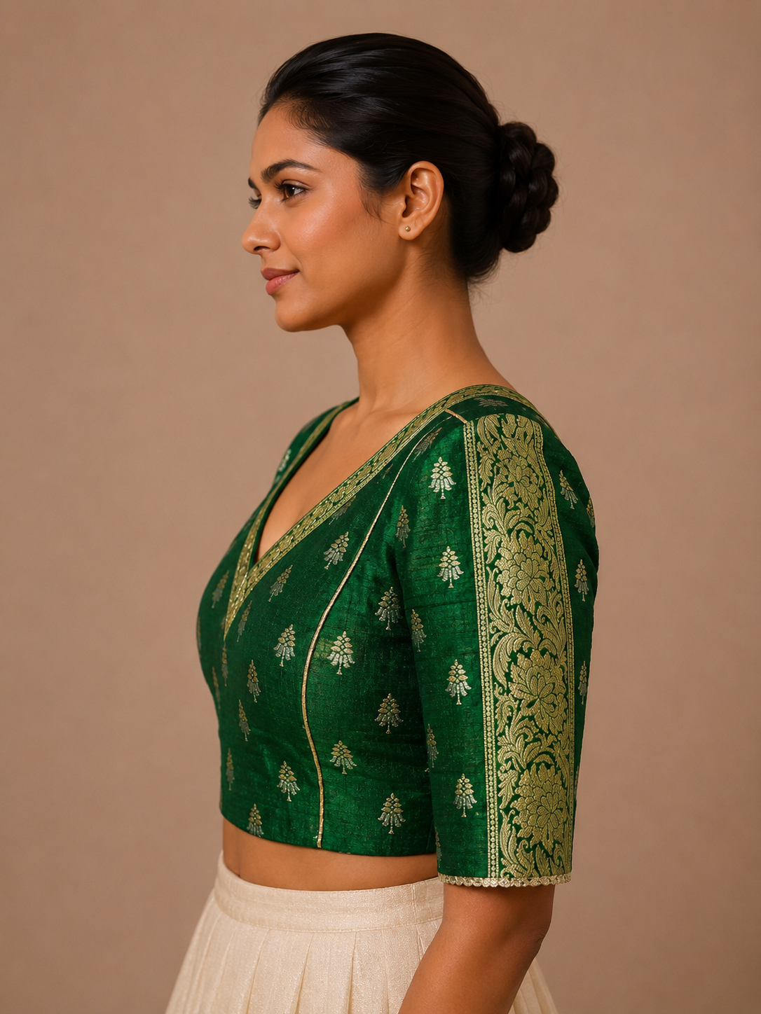 Green Rawsilk brocade Blouse With Borders For Festive and wedding wear