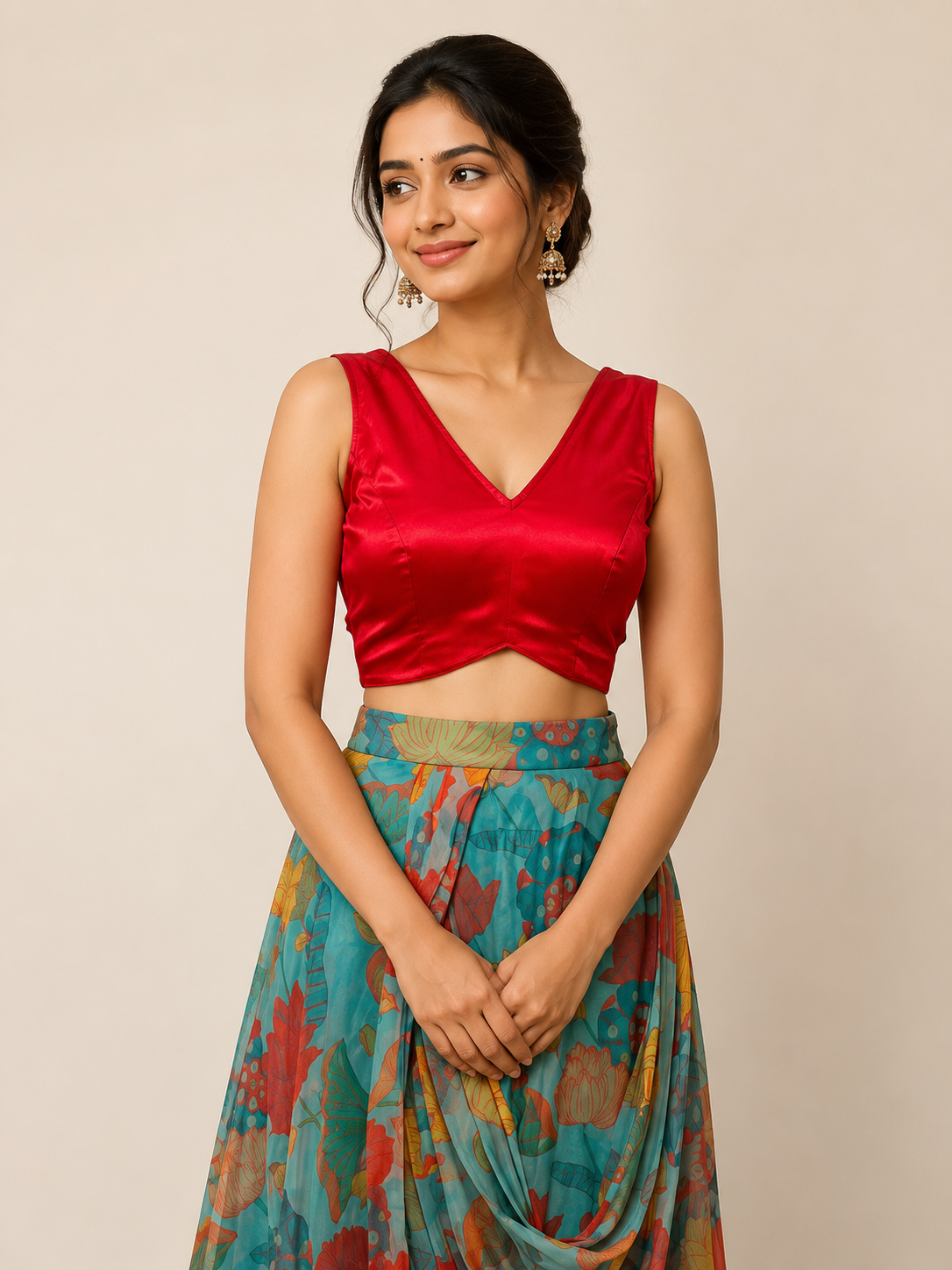 Green Printed Organza Skirt and Crop top for wedding and festive wear