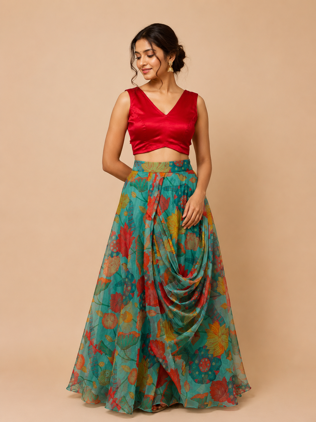 Green Printed Organza Skirt and Crop top for wedding and festive wear