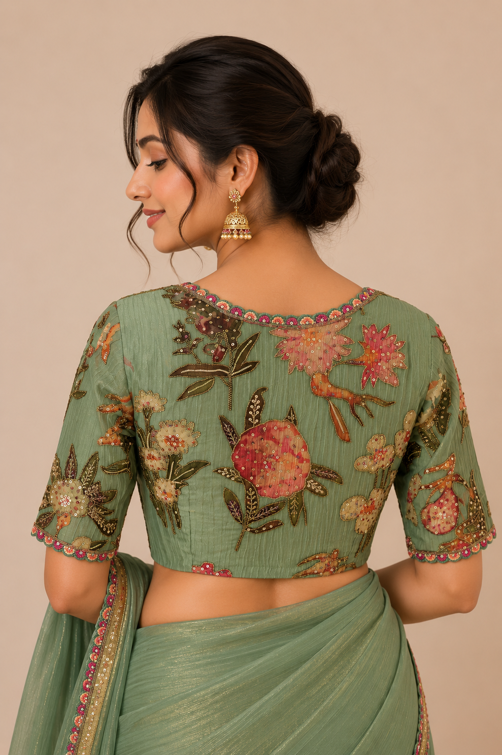 Green digital print Hand Embroidered Blouse for wedding and festive wear
