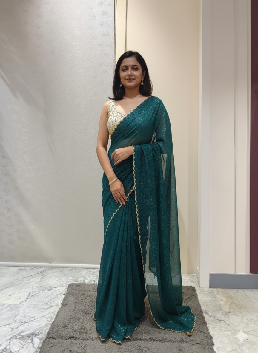Dark Green Shimmer Georgette Saree with Scalloing