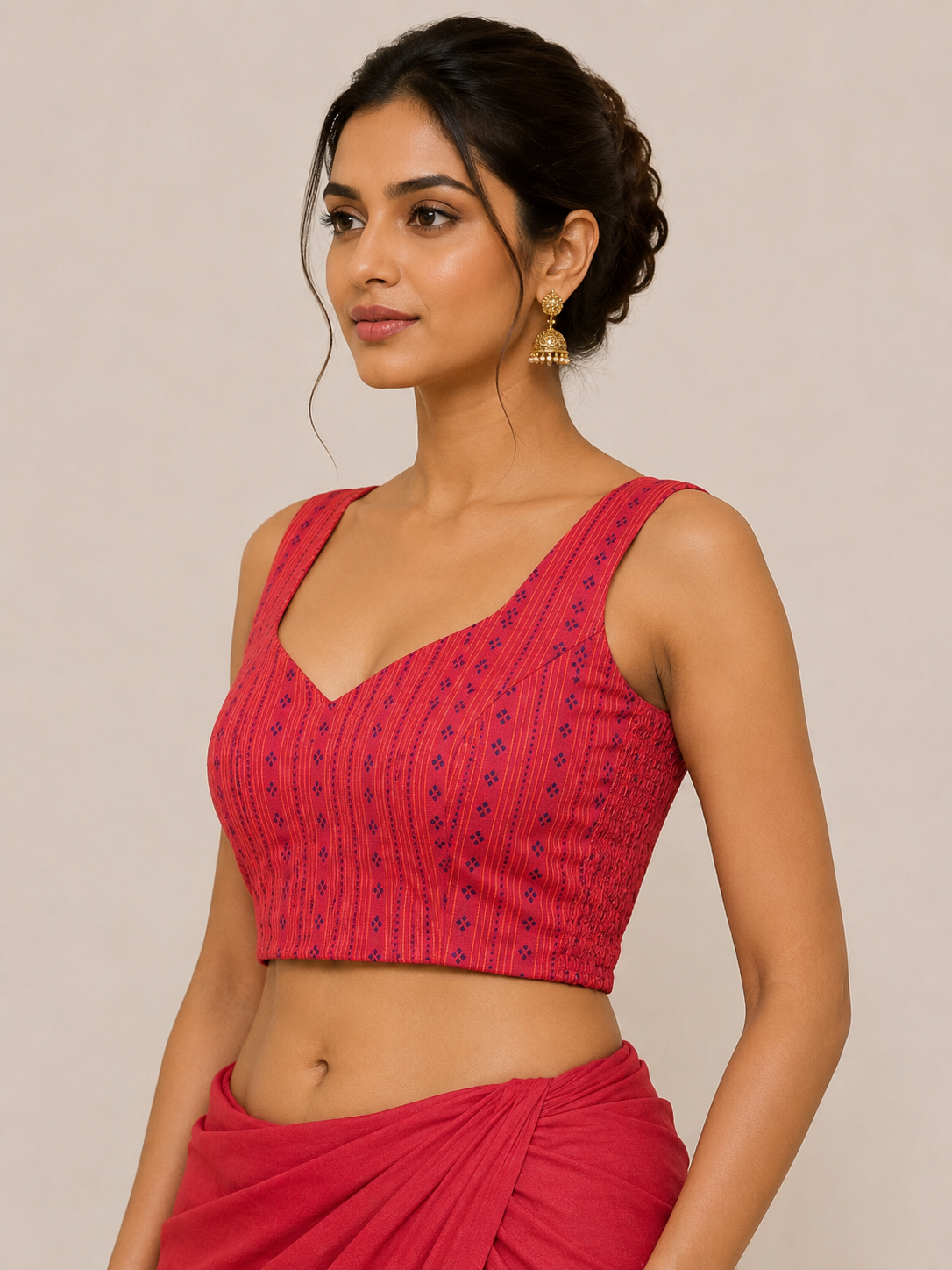 Handloom Reddish Pink Sleeveless Blouse  with Side Shirring