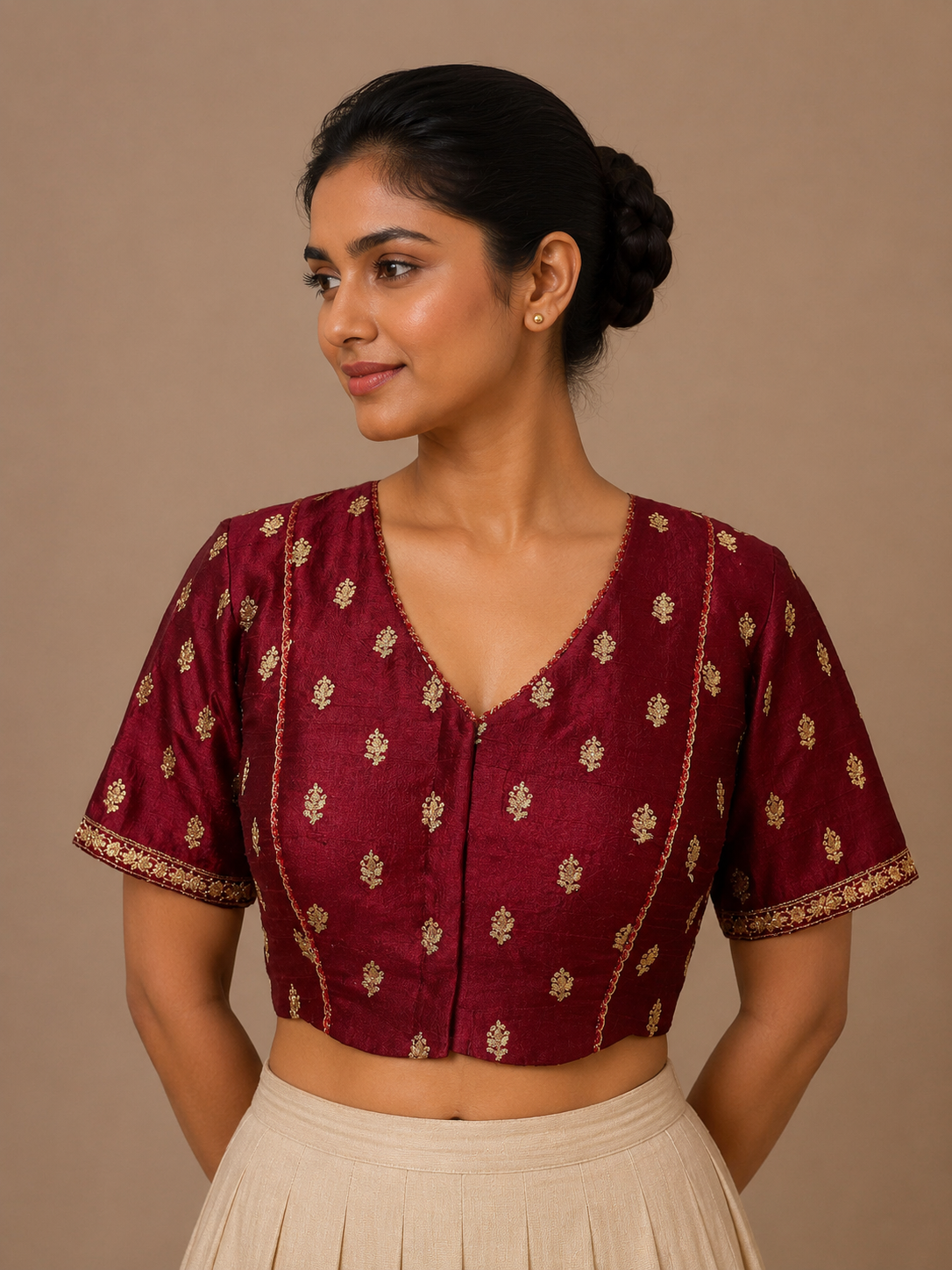 Maroon Brocade Blouse With lace detailing For Festive and wedding wear