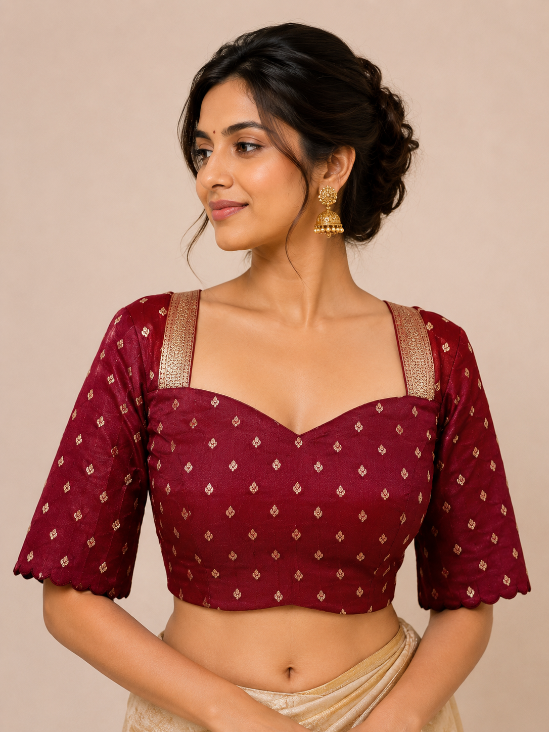 Maroon Brocade Blouse with Scalloped Border