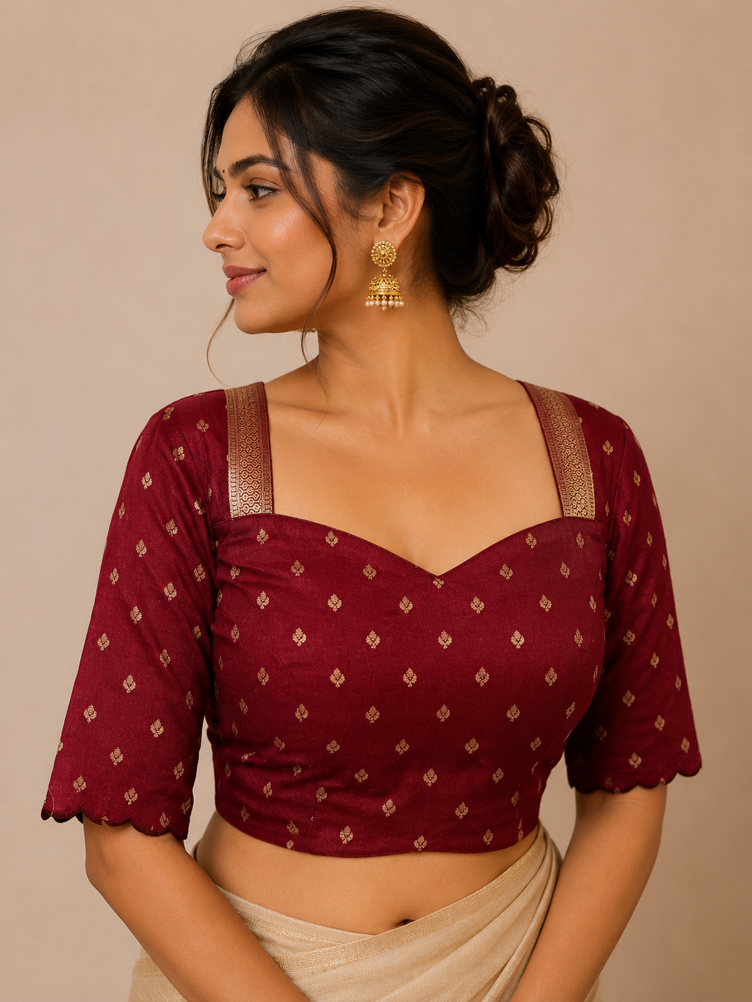 Maroon Brocade Blouse with Scalloped Border