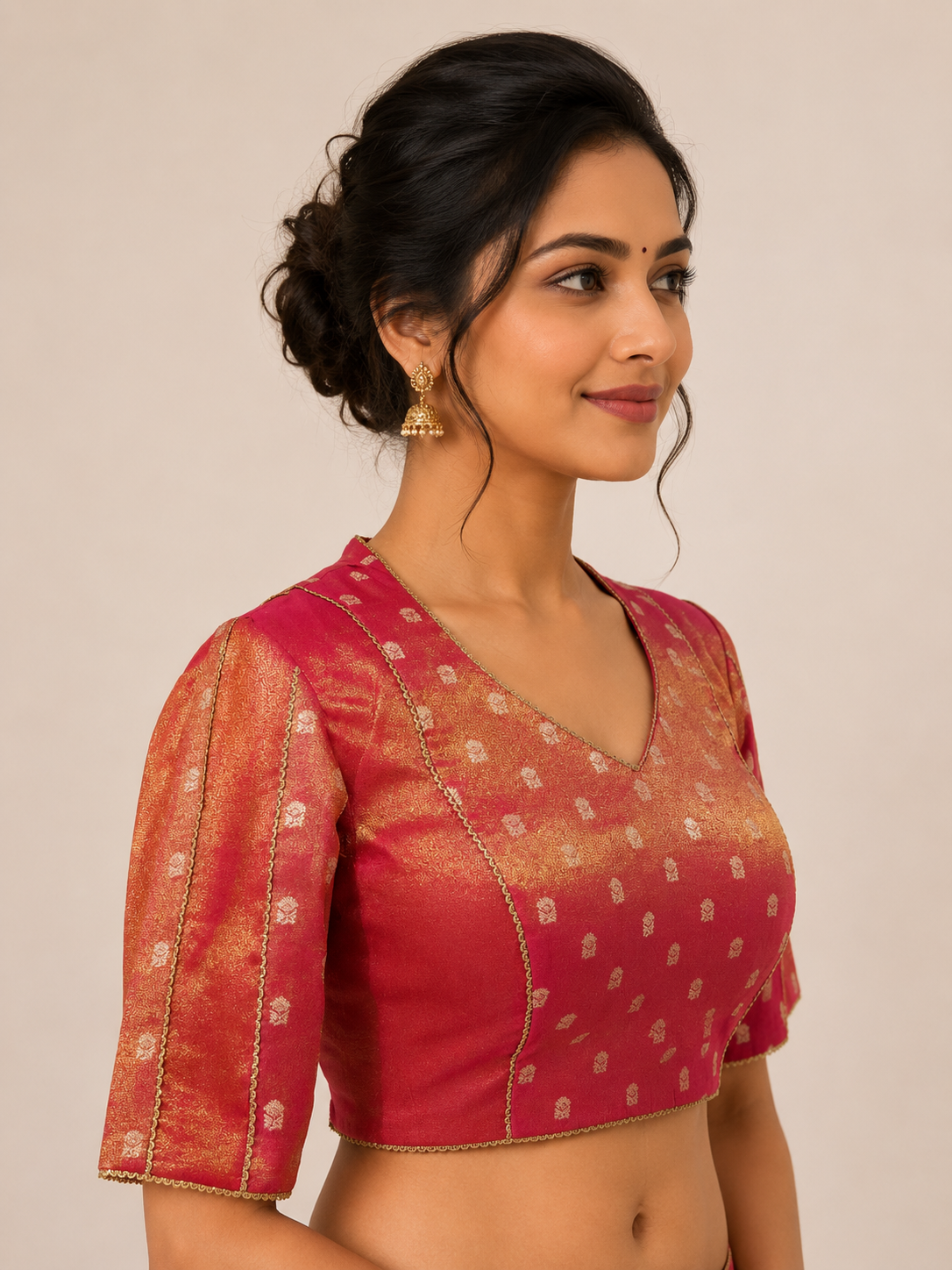 Two-Tone Reddish Tissue Blouse with Handwoven Buttas & Lace Panel Detailing
