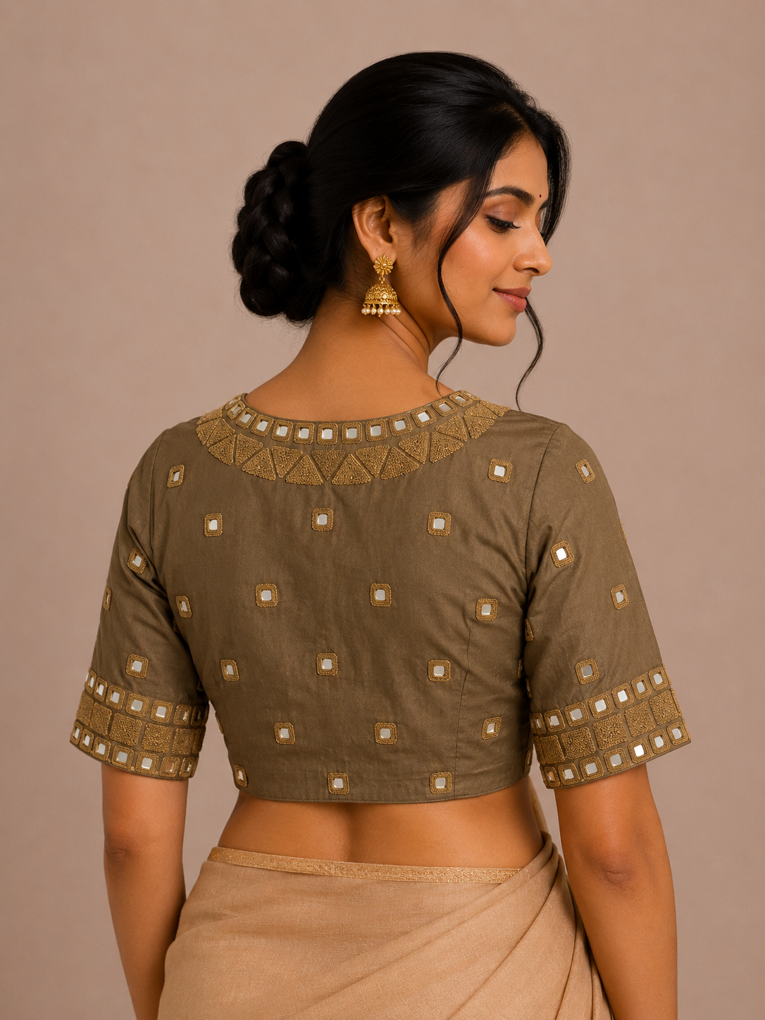 Moss Green Mashru Blouse with Thread Embroidery