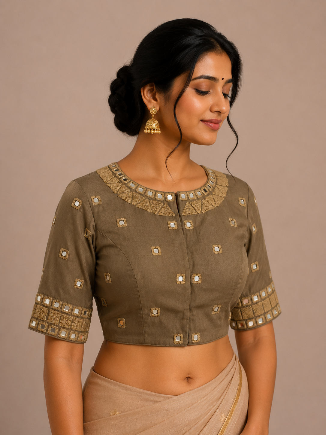 Moss Green Mashru Blouse with Thread Embroidery