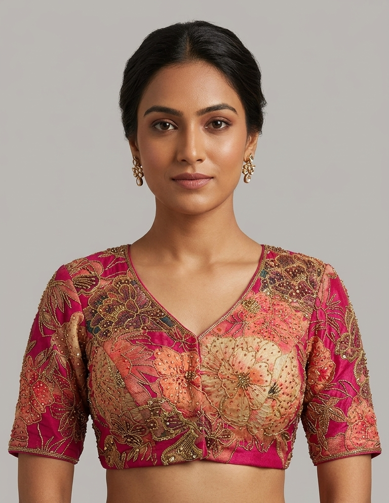 Multi-color digital print Hand Embroidered Blouse for wedding and festive wear
