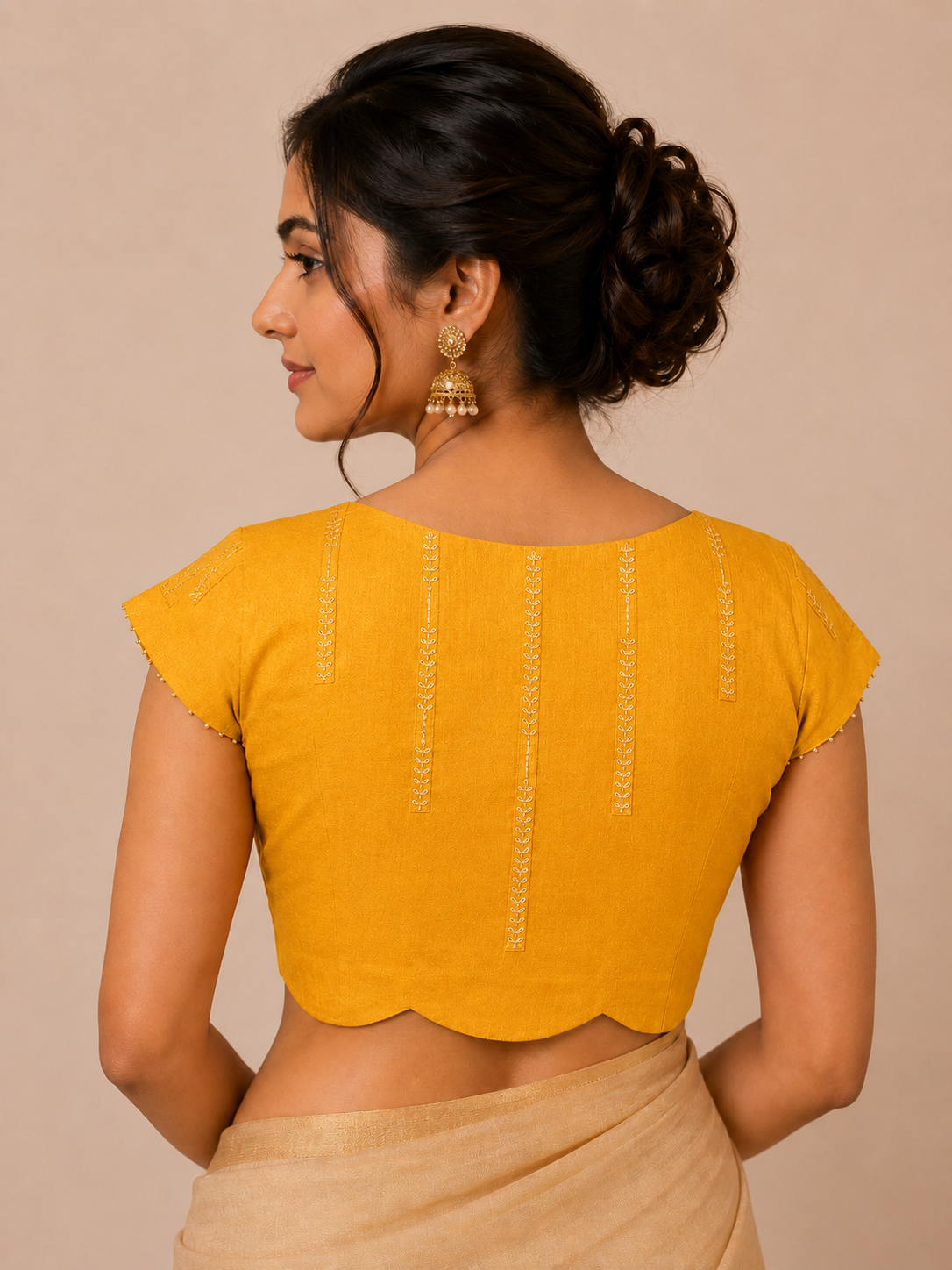 Bangalore Silk Blouse with Embroidered Leaf Motifs with side sherring