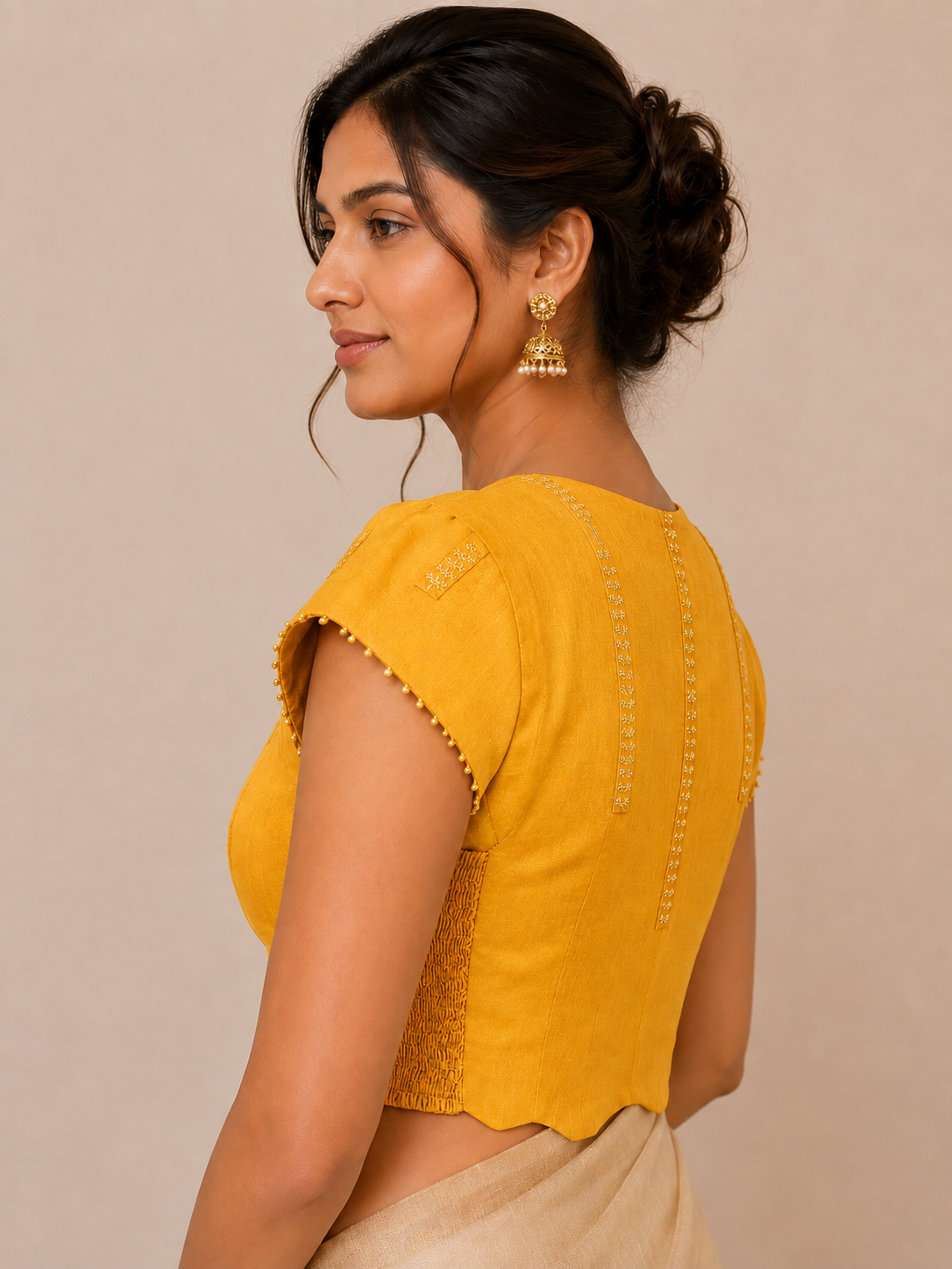 Bangalore Silk Blouse with Embroidered Leaf Motifs with side sherring