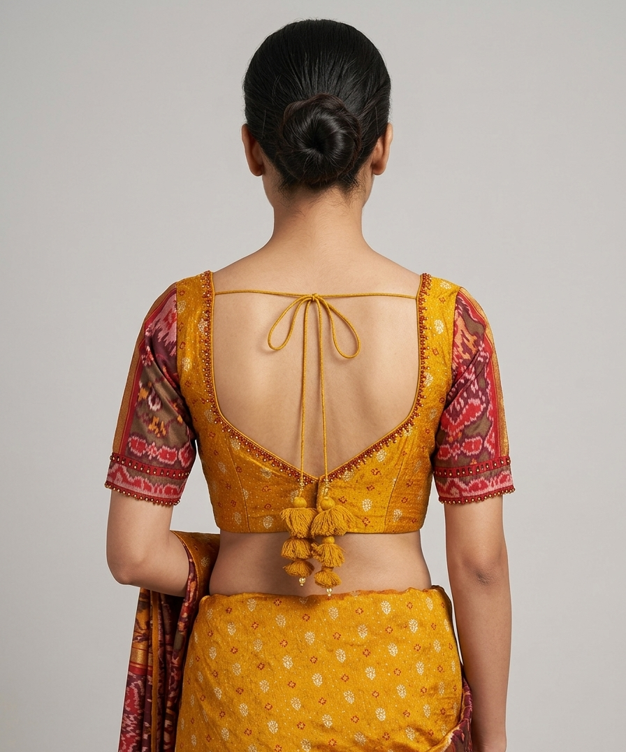Mustard Bhandhini Blouse with Ikkat sleeve and bead work