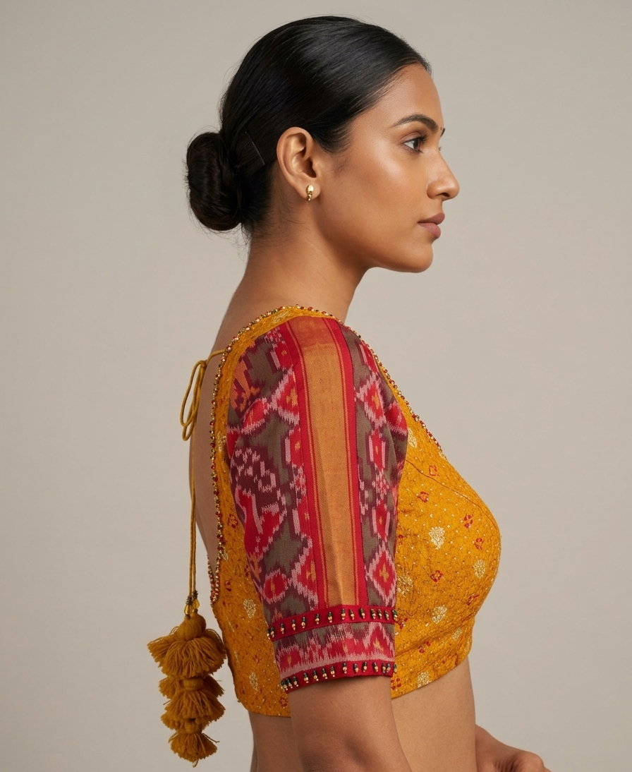 Mustard Bhandhini Blouse with Ikkat sleeve and bead work