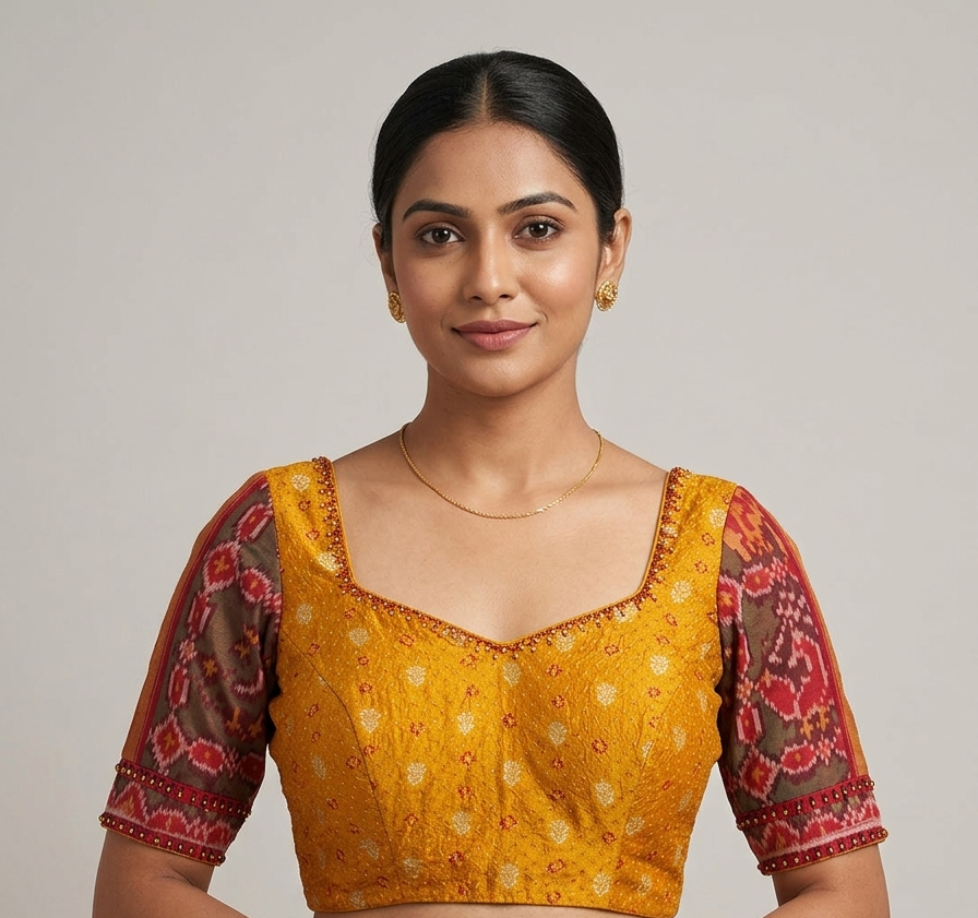 Mustard Bhandhini Blouse with Ikkat sleeve and bead work
