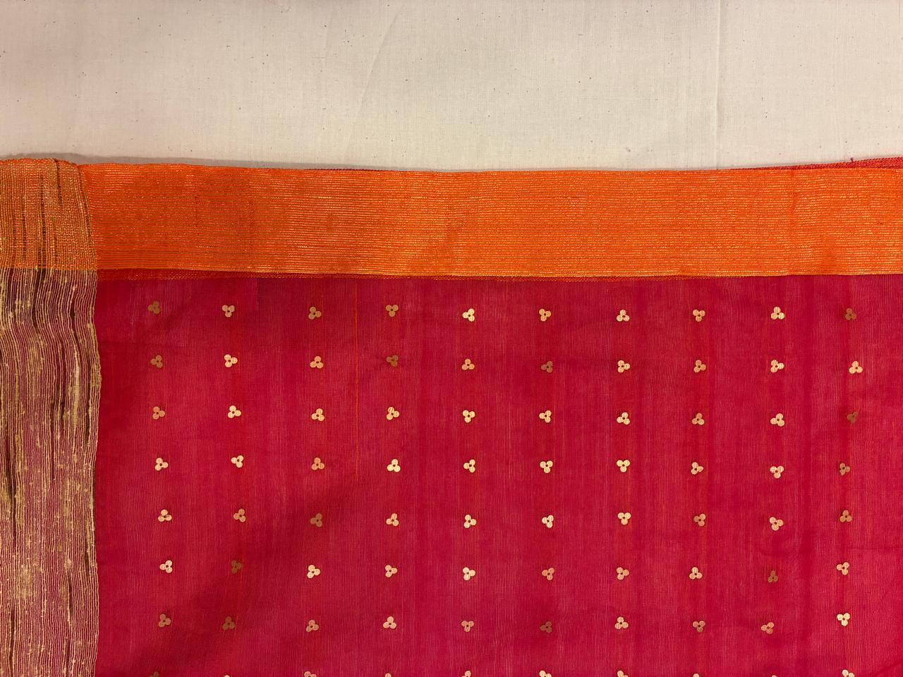 Pink Mulmul Saree with Contrast Orange Border for wedding and festive wear