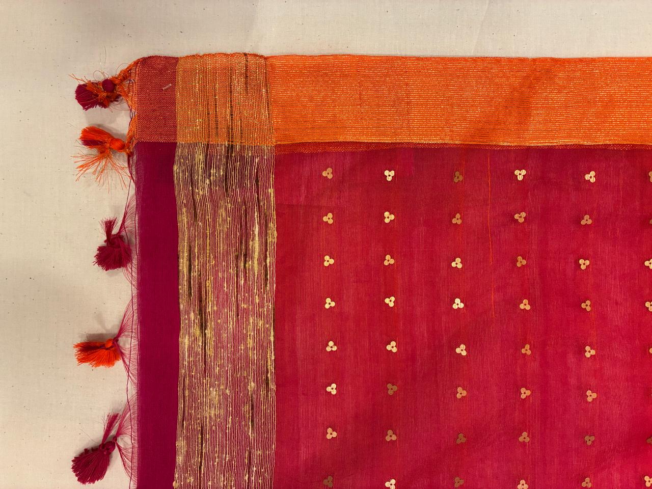 Pink Mulmul Saree with Contrast Orange Border for wedding and festive wear