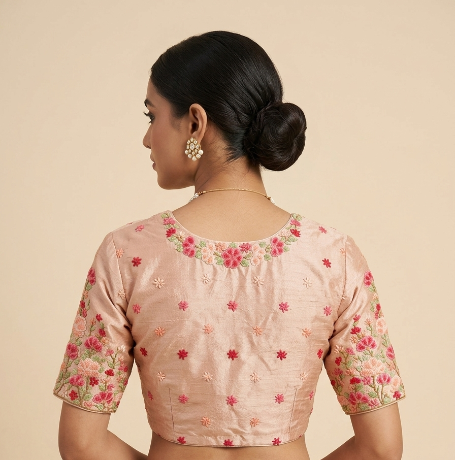 Peach Raw silk blouse with French knot Hand Embroidery