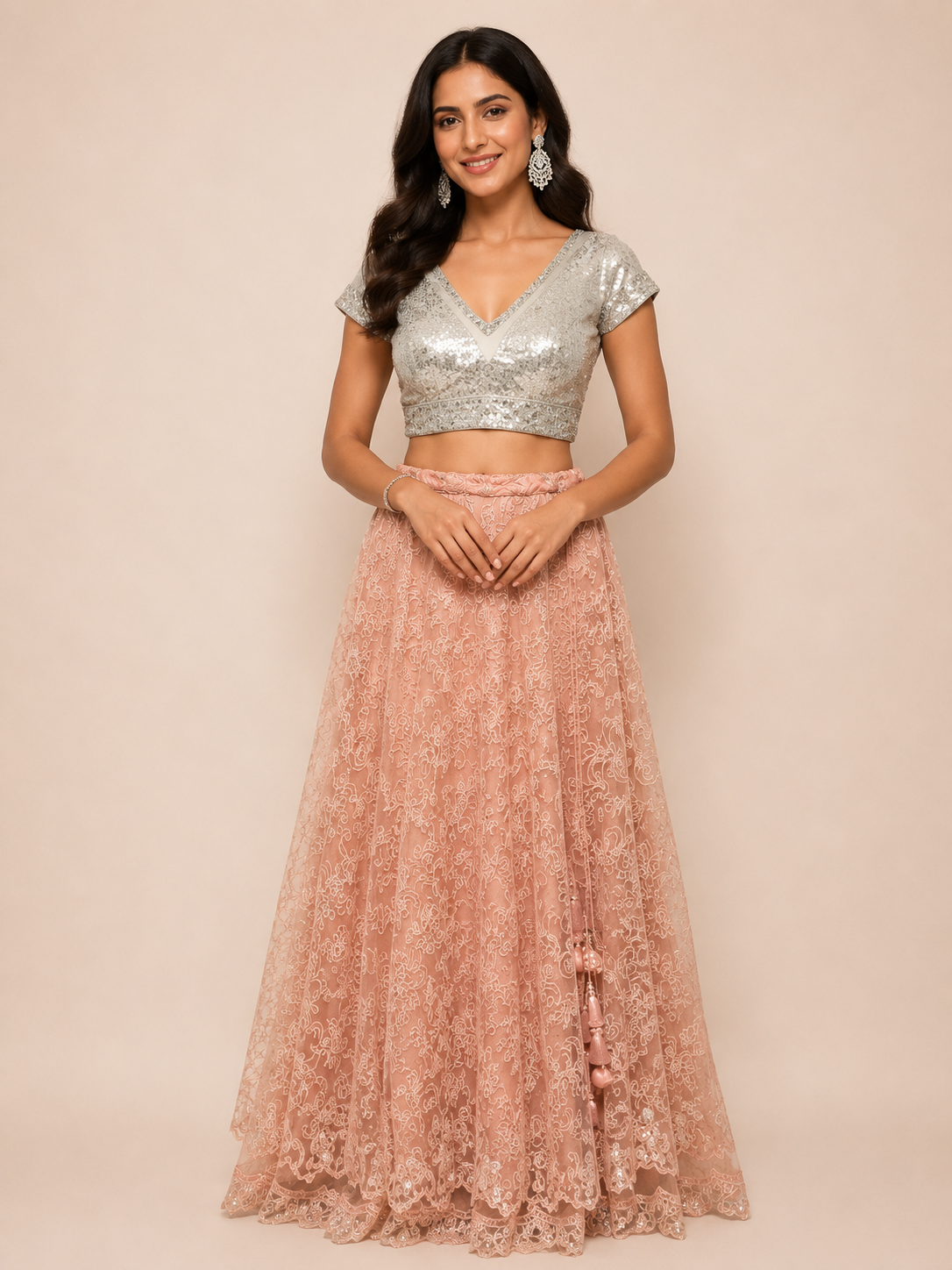 Peach self Embroidered Skirt and Silver sequined Crop top for wedding and festive wear