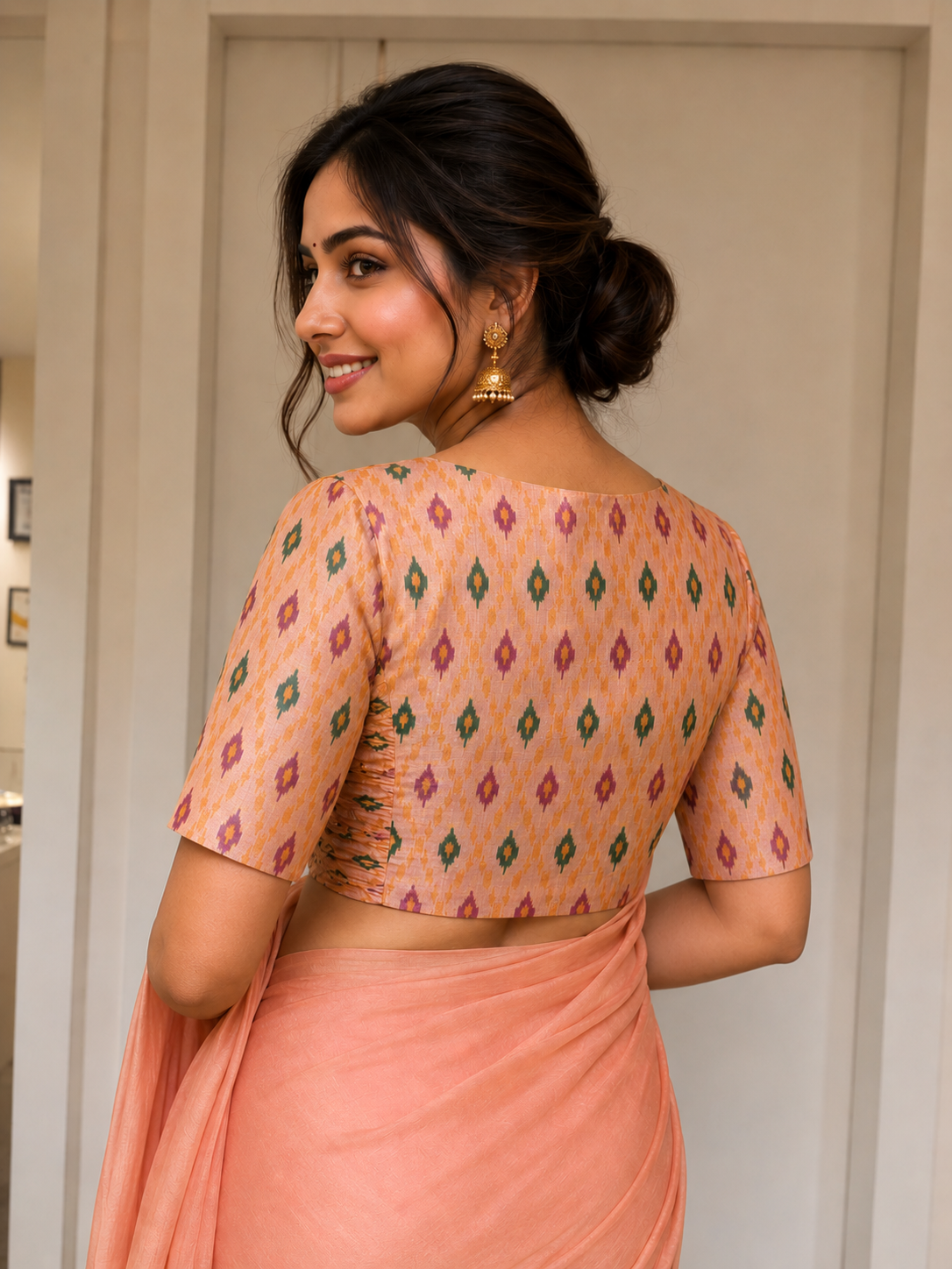 Peach Ikkat Blouse with Side Shirring