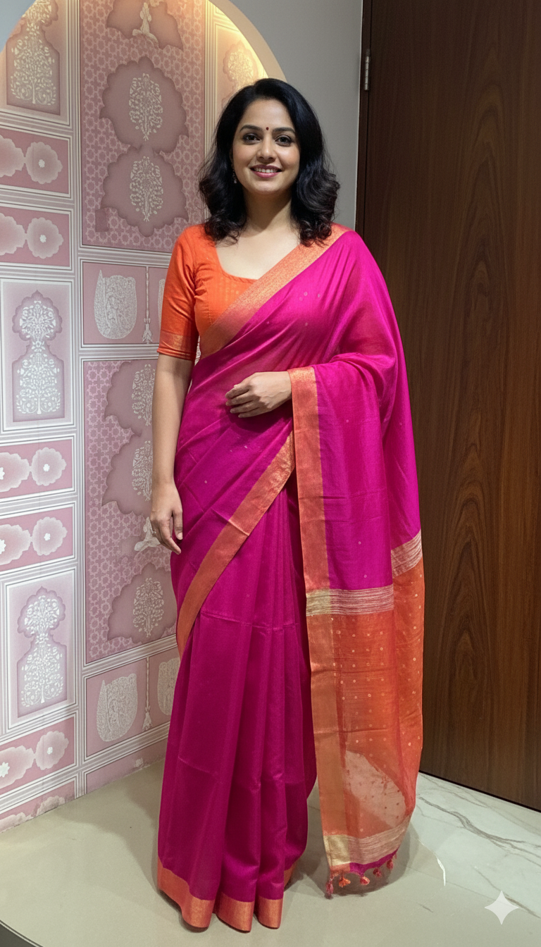 Pink Mulmul Saree with Contrast Orange Border