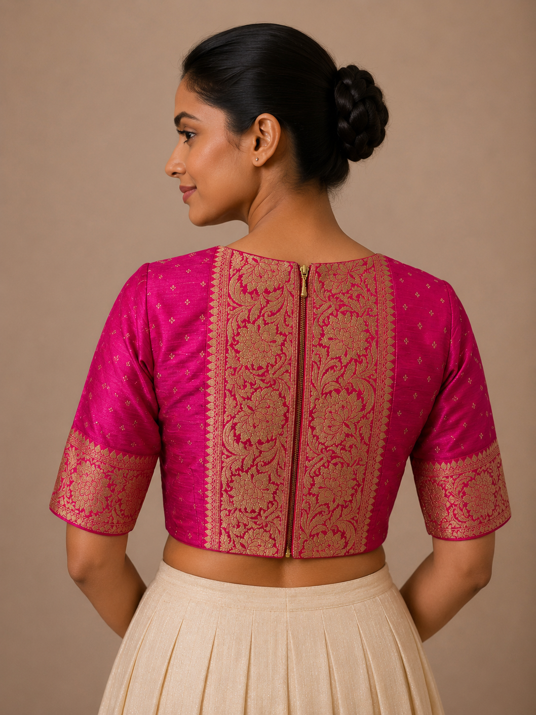 Pink Raw silk brocade Blouse With Borders For Festive and wedding wear