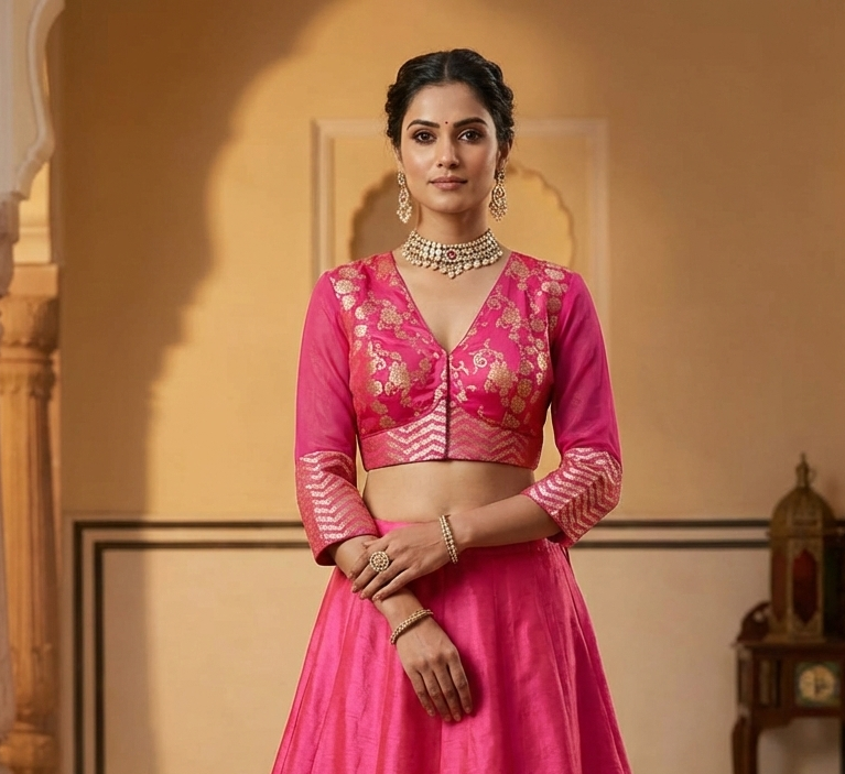 Pink Brocade Blouse with net Sleeves