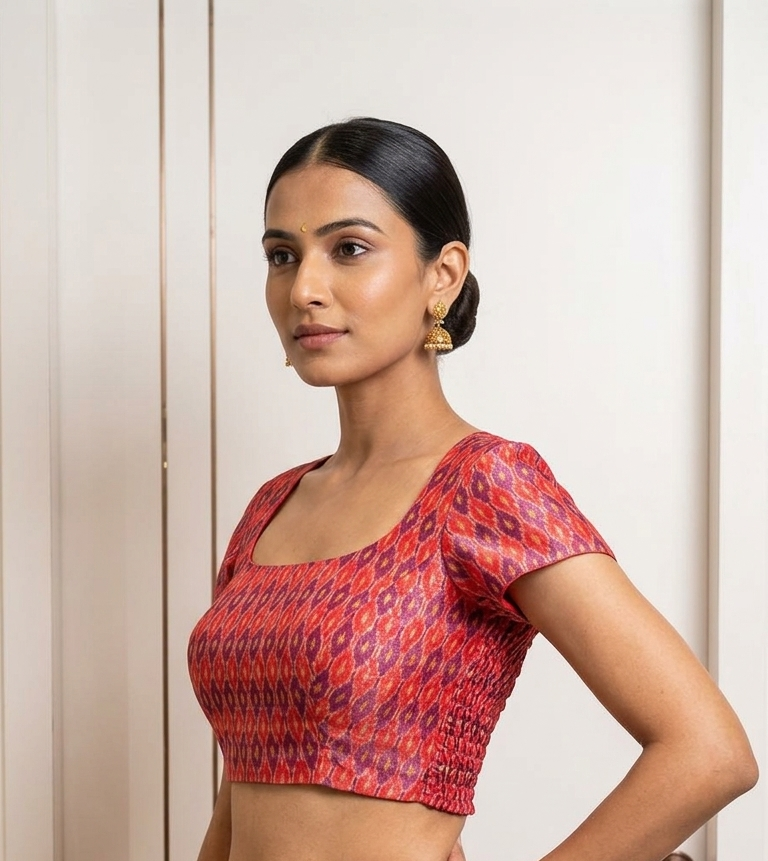 Red Ikkat Blouse with Side shirring for wedding and festive wear