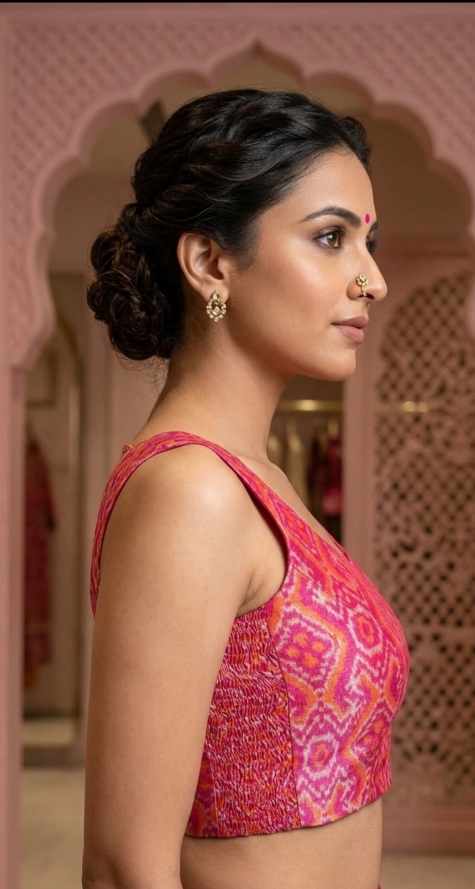 Sleeveless Pink Ikkat Blouse with Side shirring for wedding and festive wear