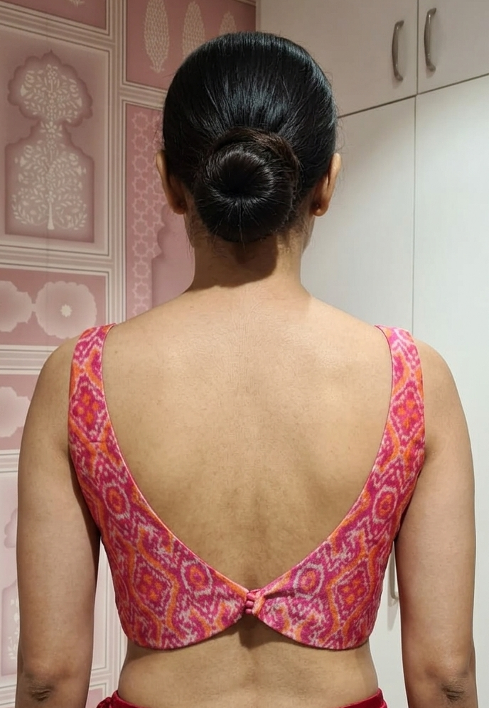 Sleeveless Pink Ikkat Blouse with Side shirring for wedding and festive wear