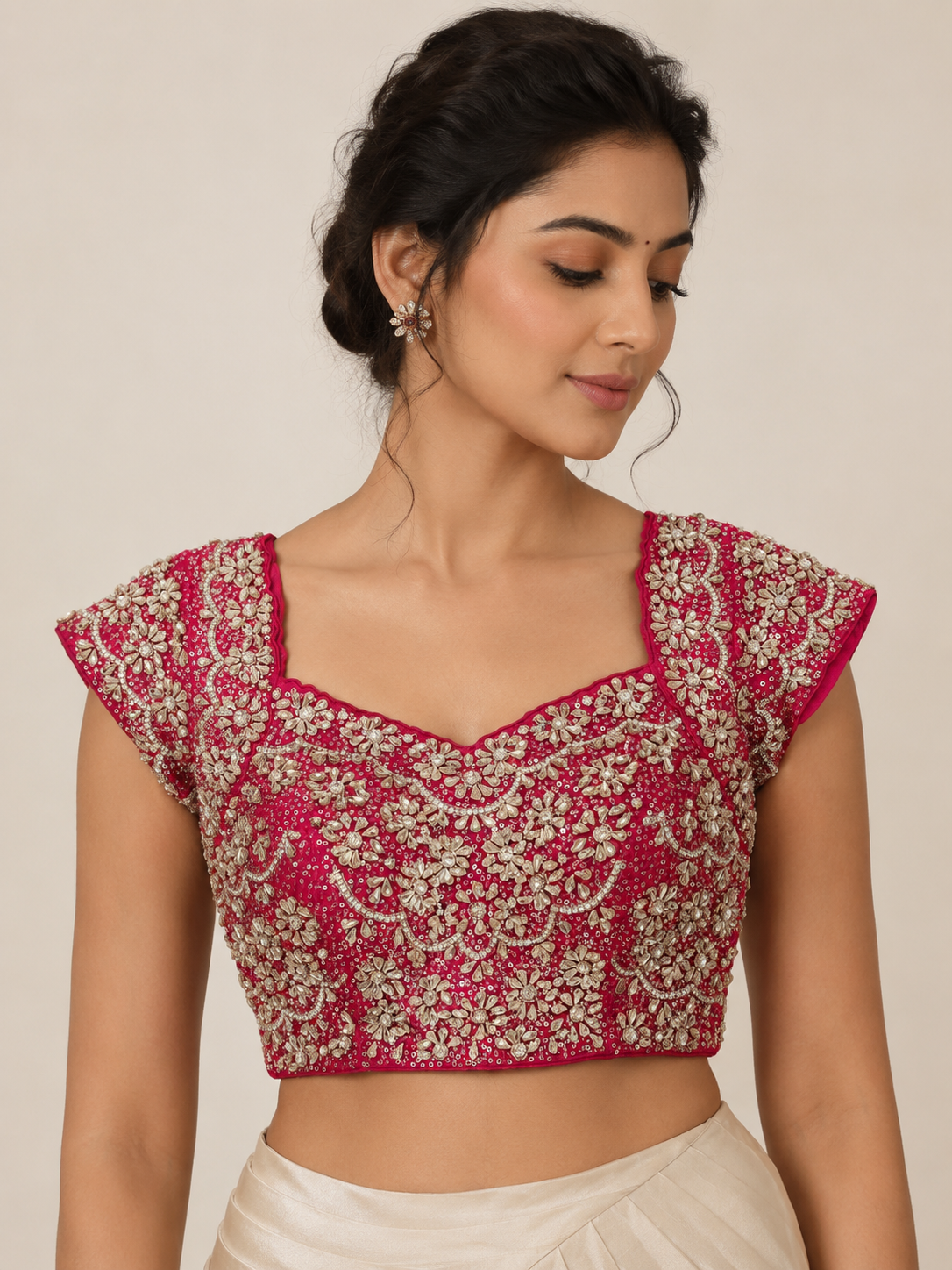 Pink Stone-Embroidered Net Blouse for festive and wedding wear