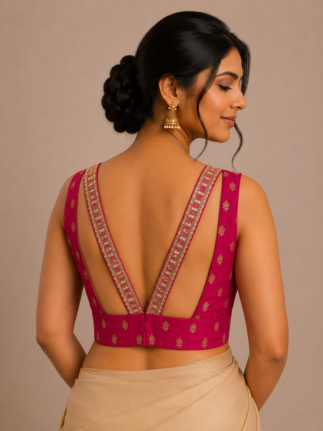 Pink georgette blouse with work border straps