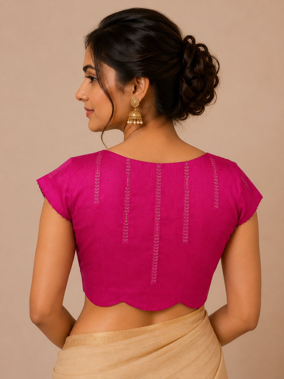 Pink Bangalore Silk Blouse with Embroidered Leaf Motifs
