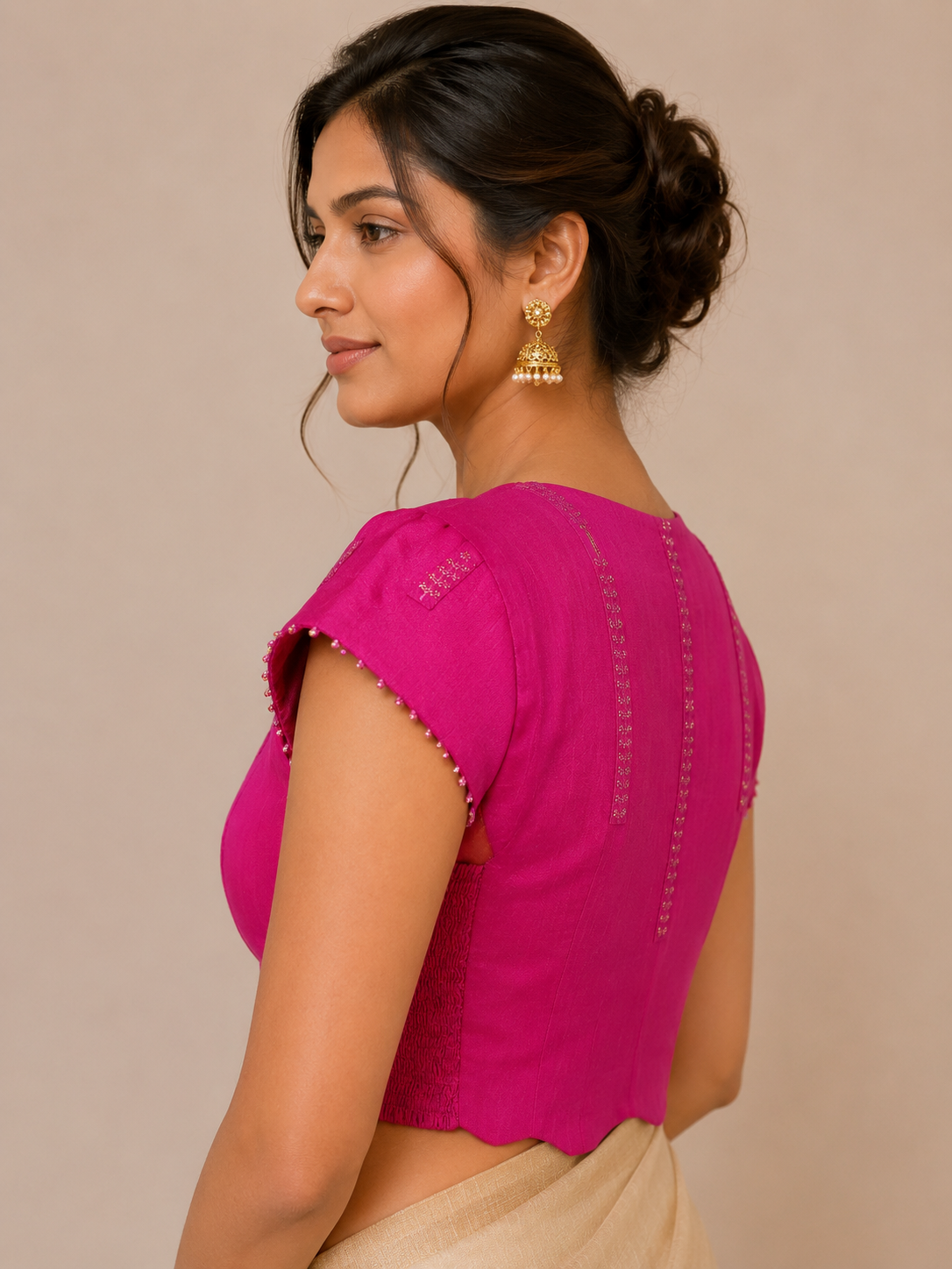 Pink Bangalore Silk Blouse with Embroidered Leaf Motifs