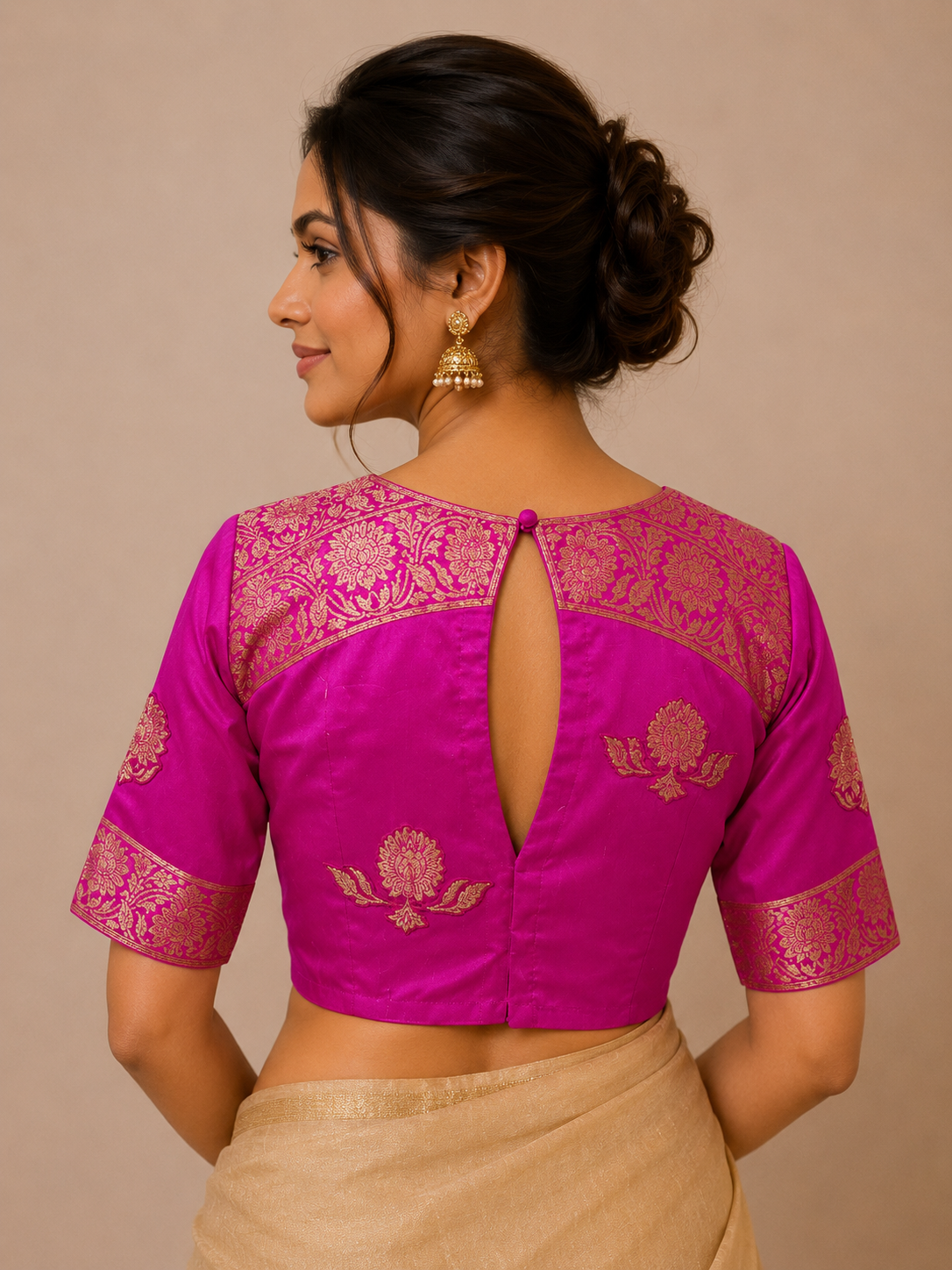 Pink Raw Silk Blouse with Patchwork Border Detailing for festive and wedding wear