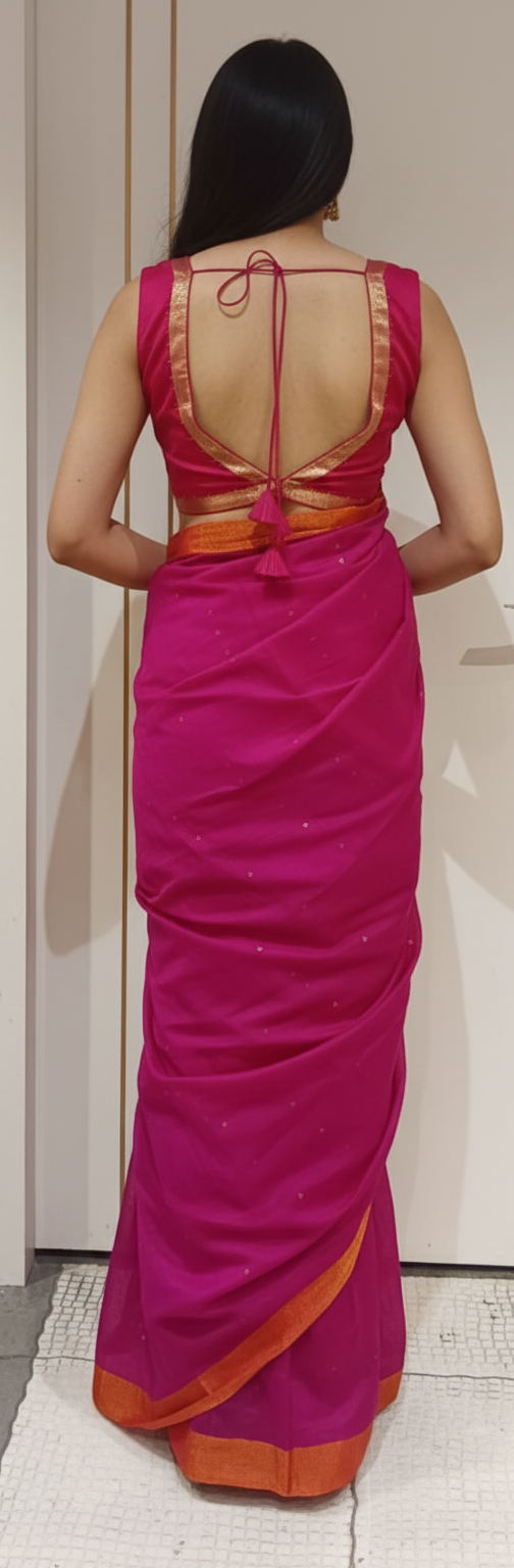 Pink Mulmul Saree with Contrast Orange Border for wedding and festive wear