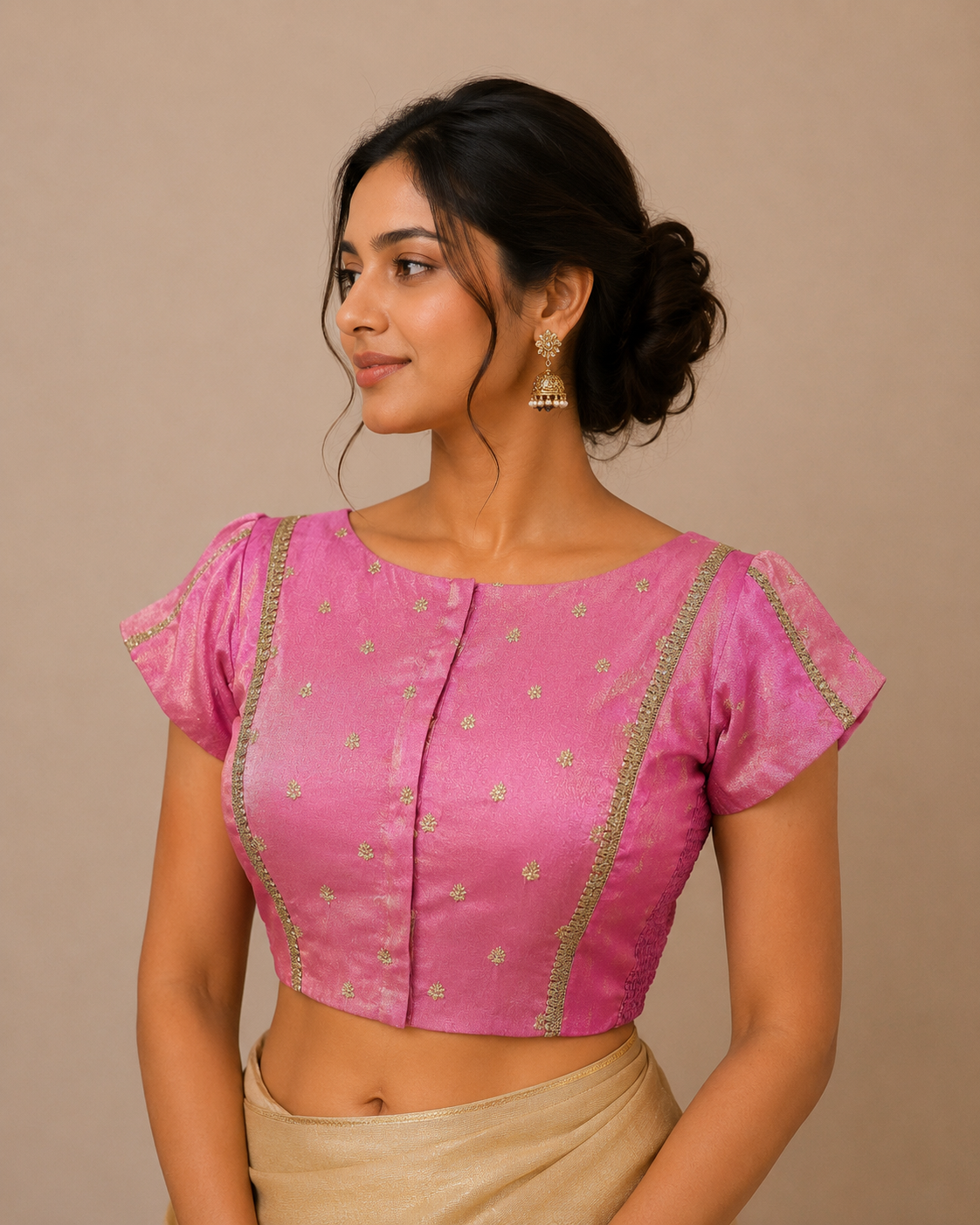 Pink Tissue Blouse with Lace-Accented Panel Detailing for festive and wedding wear