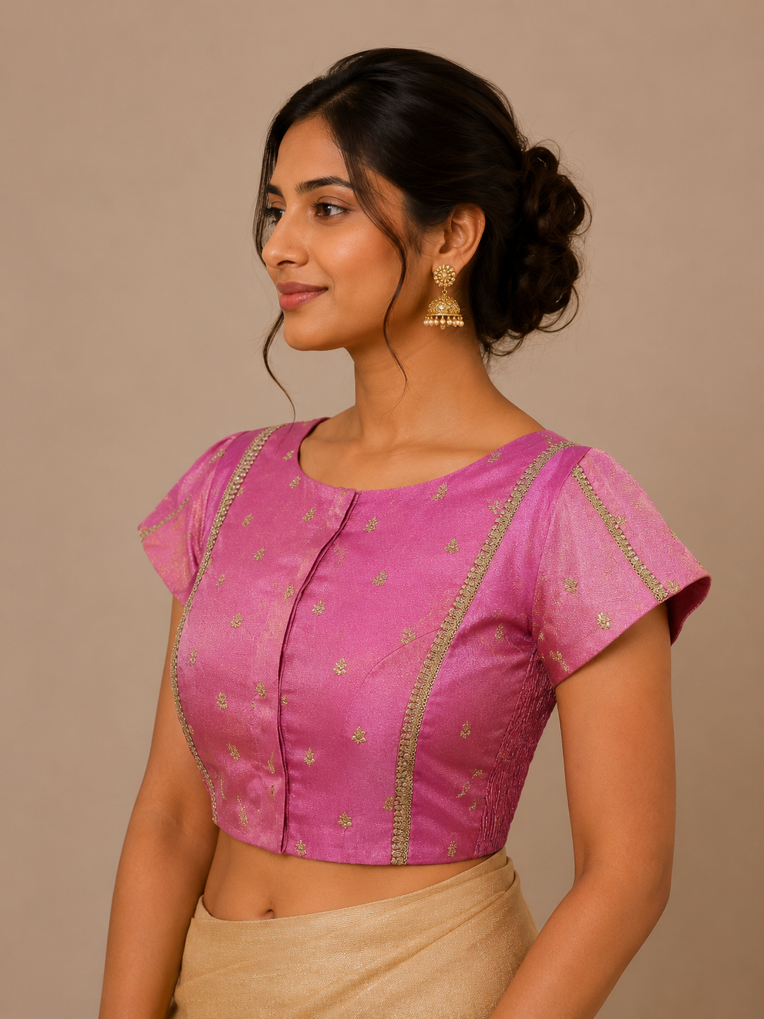 Pink Tissue Blouse with Lace-Accented Panel Detailing for festive and wedding wear
