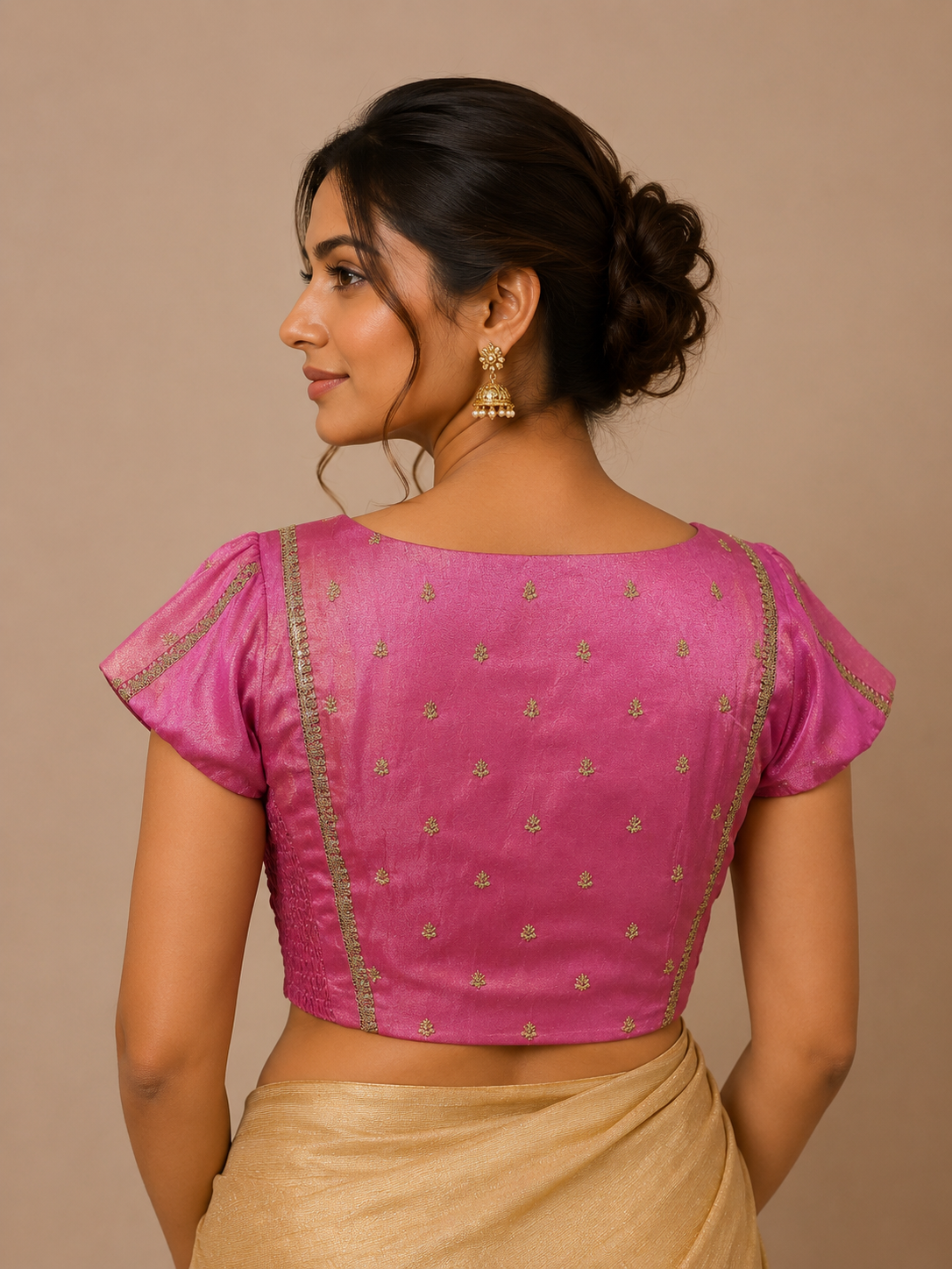 Pink Tissue Blouse with Lace-Accented Panel Detailing for festive and wedding wear