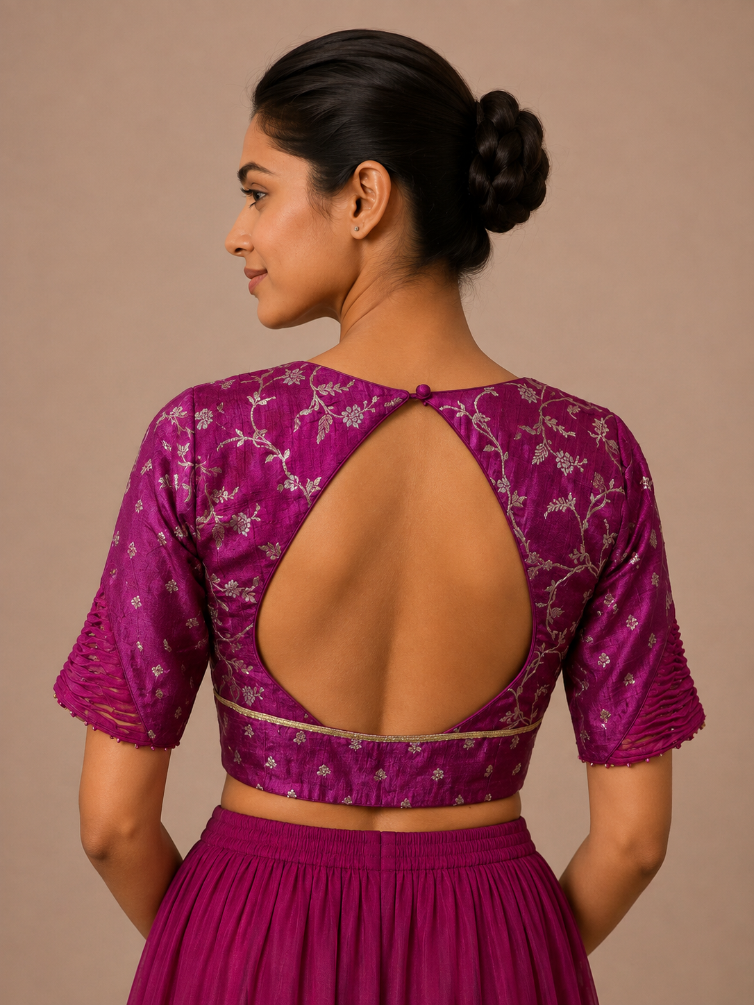 Wine Pink brocade Blouse With lace For Festive and wedding wear