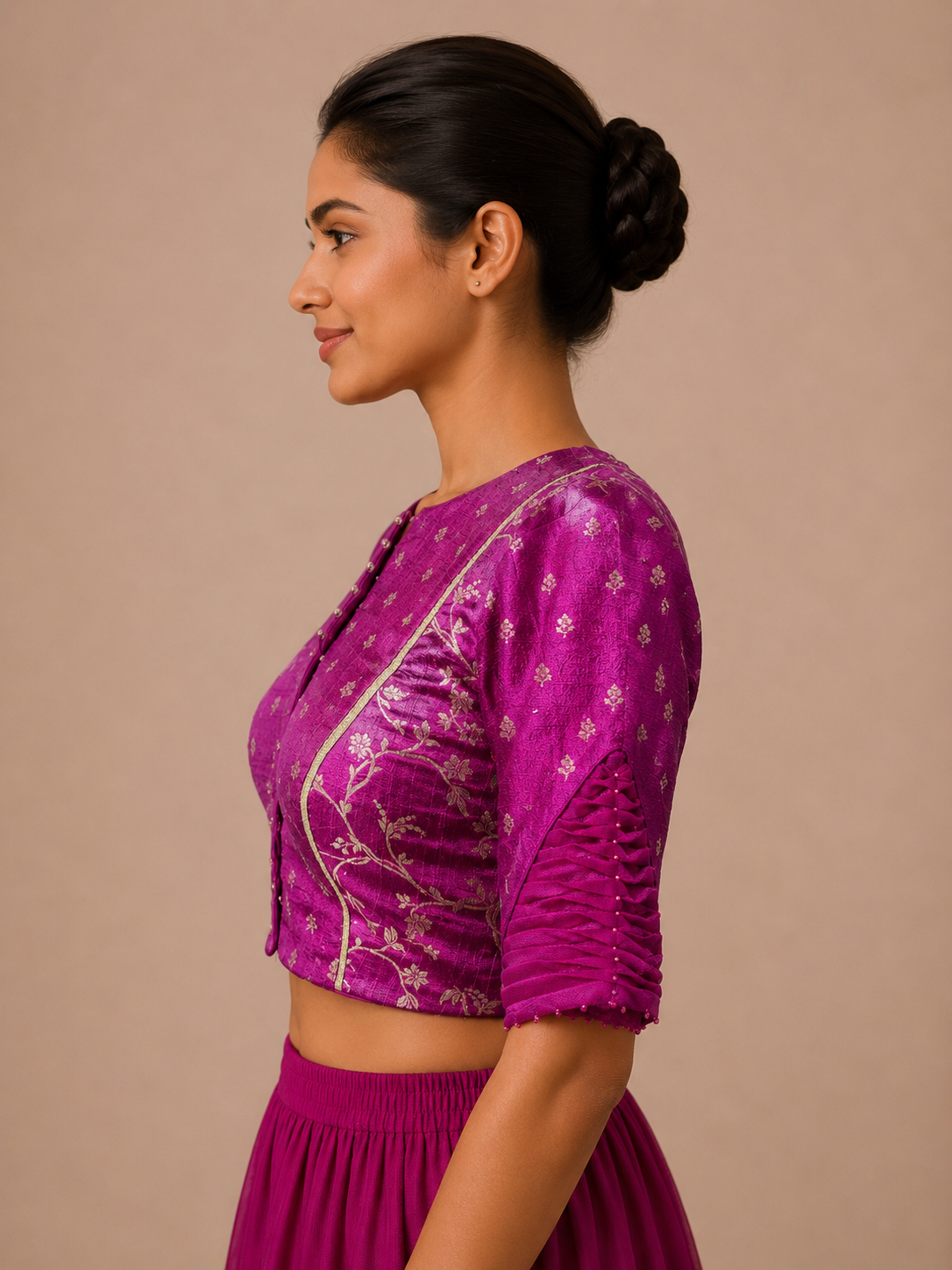 Wine Pink brocade Blouse With lace For Festive and wedding wear